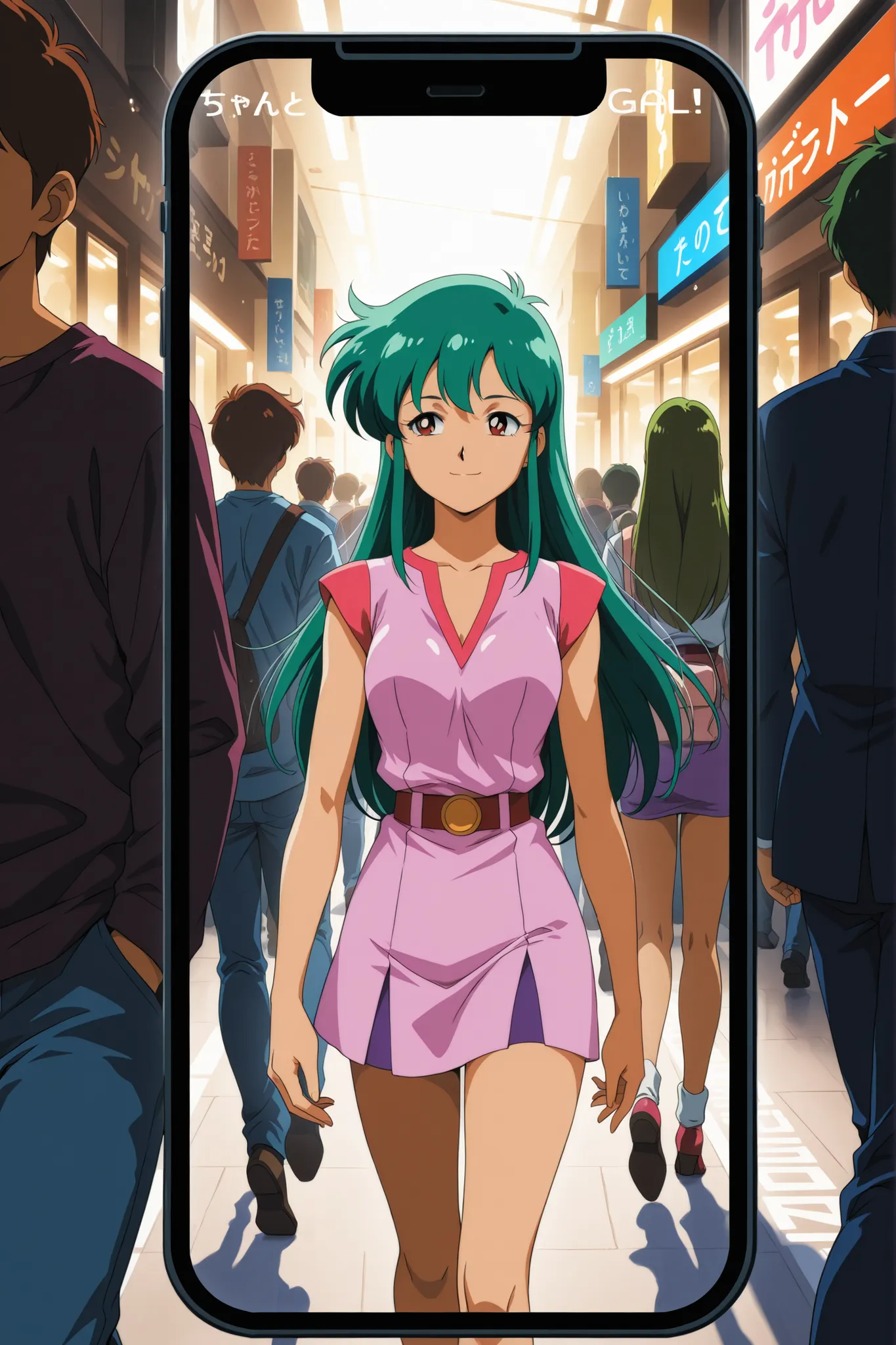 Time Gal with long green hair, walking, small smile, on a crowded street, natural lighting, inside a smartphone screen, in a highly detailed anime style