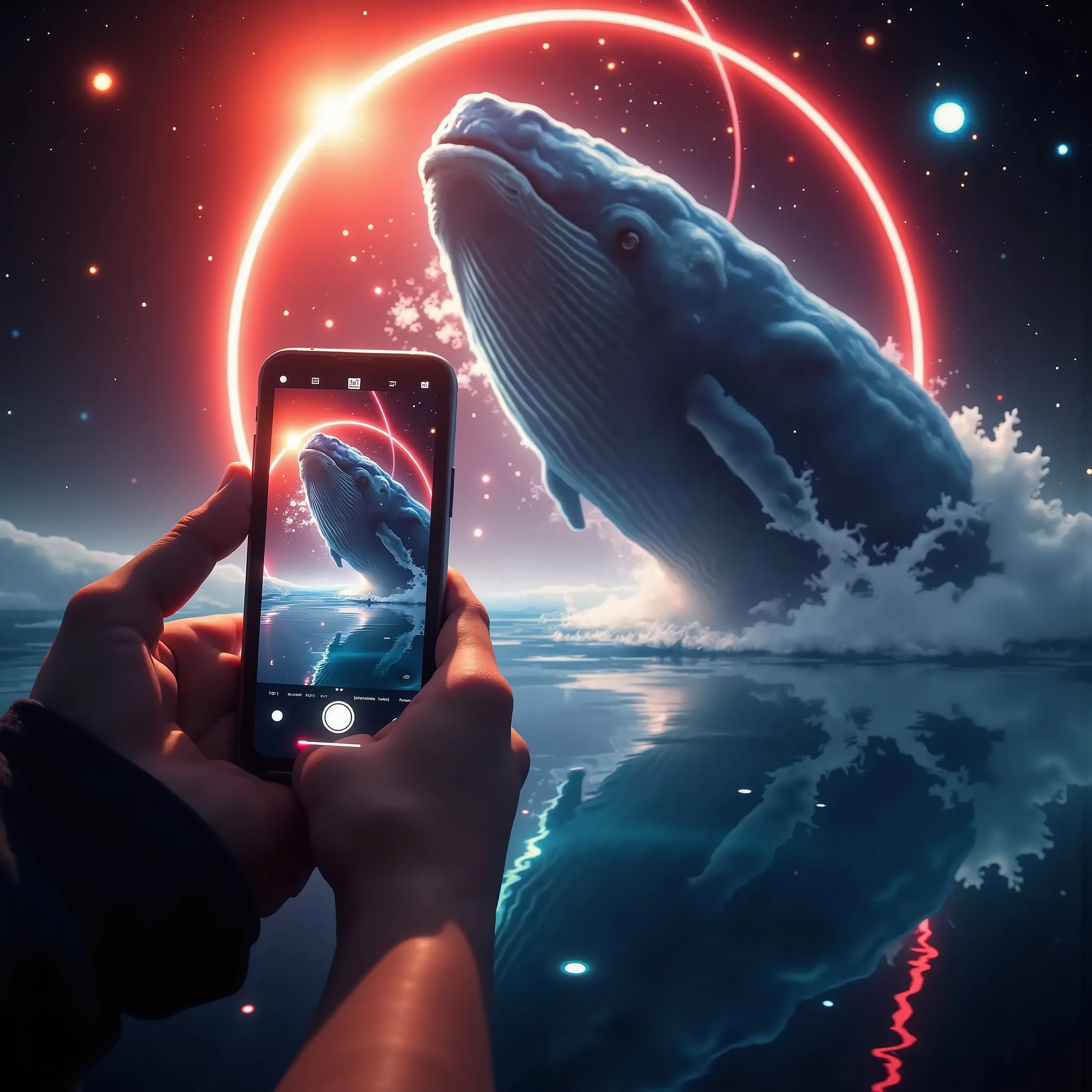 (Mobile phone frame in front:1.3,a man is shooting photos by mobile phon, subjective perspective,POV), images of fantastical water,red light (floating a gigantic whale,splash,dynamic motion),