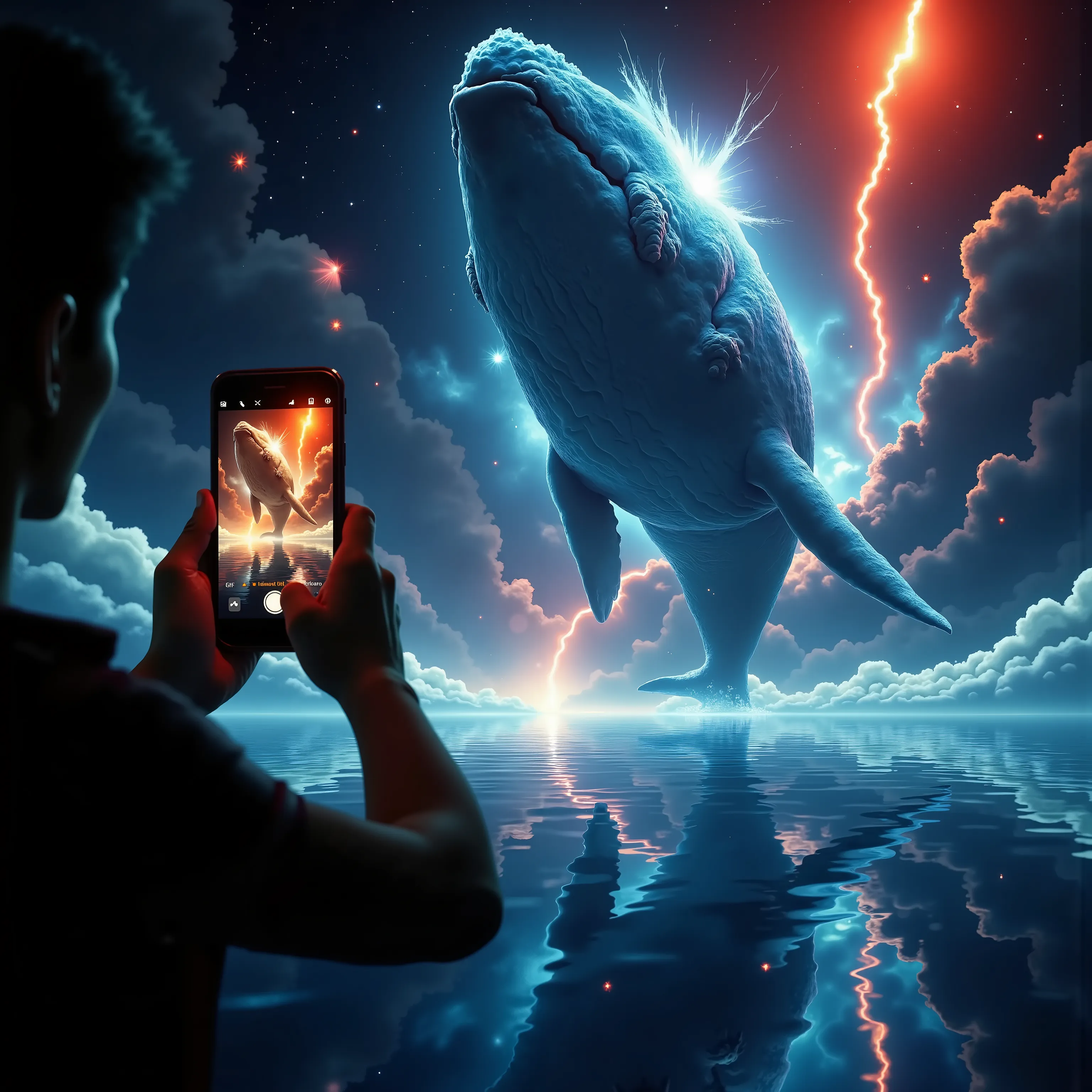 (Mobile phone frame in front:1.3,a man is shooting photos by mobile phon, subjective perspective,POV), images of fantastical water,red light (floating a gigantic whale,splash,dynamic motion),