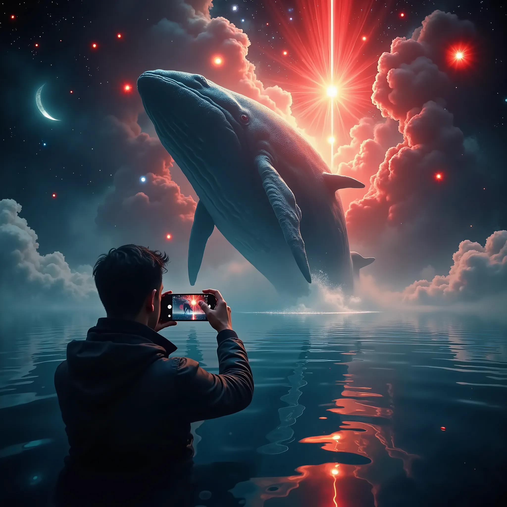(Mobile phone frame in front:1.3,a man is shooting photos by mobile phon, subjective perspective,POV), images of fantastical water,red light (floating a gigantic whale,splash,dynamic motion),