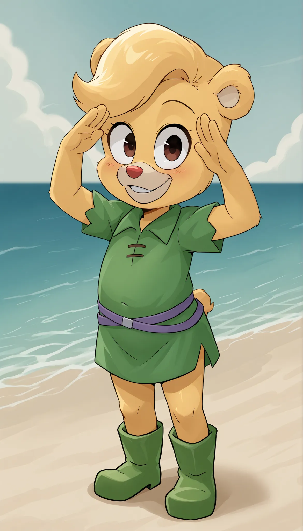 score_9, score_8_up, score_7_up, (masterpiece, best quality, very aesthetic, absurdres, source furry, artist:sakura, shaded,) 1girl, bear, furry female, Sunni Gummi, young, brown eyes, looking at viewer, smile, blush, blonde hair, messy bangs, bear feature...