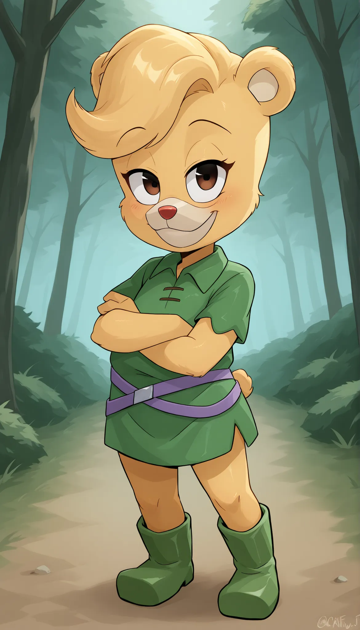 score_9, score_8_up, score_7_up, (masterpiece, best quality, very aesthetic, absurdres, source furry, artist:sakura, shaded,) 1girl, bear, furry female, Sunni Gummi, young, brown eyes, looking at viewer, smile, blush, blonde hair, messy bangs, bear feature...