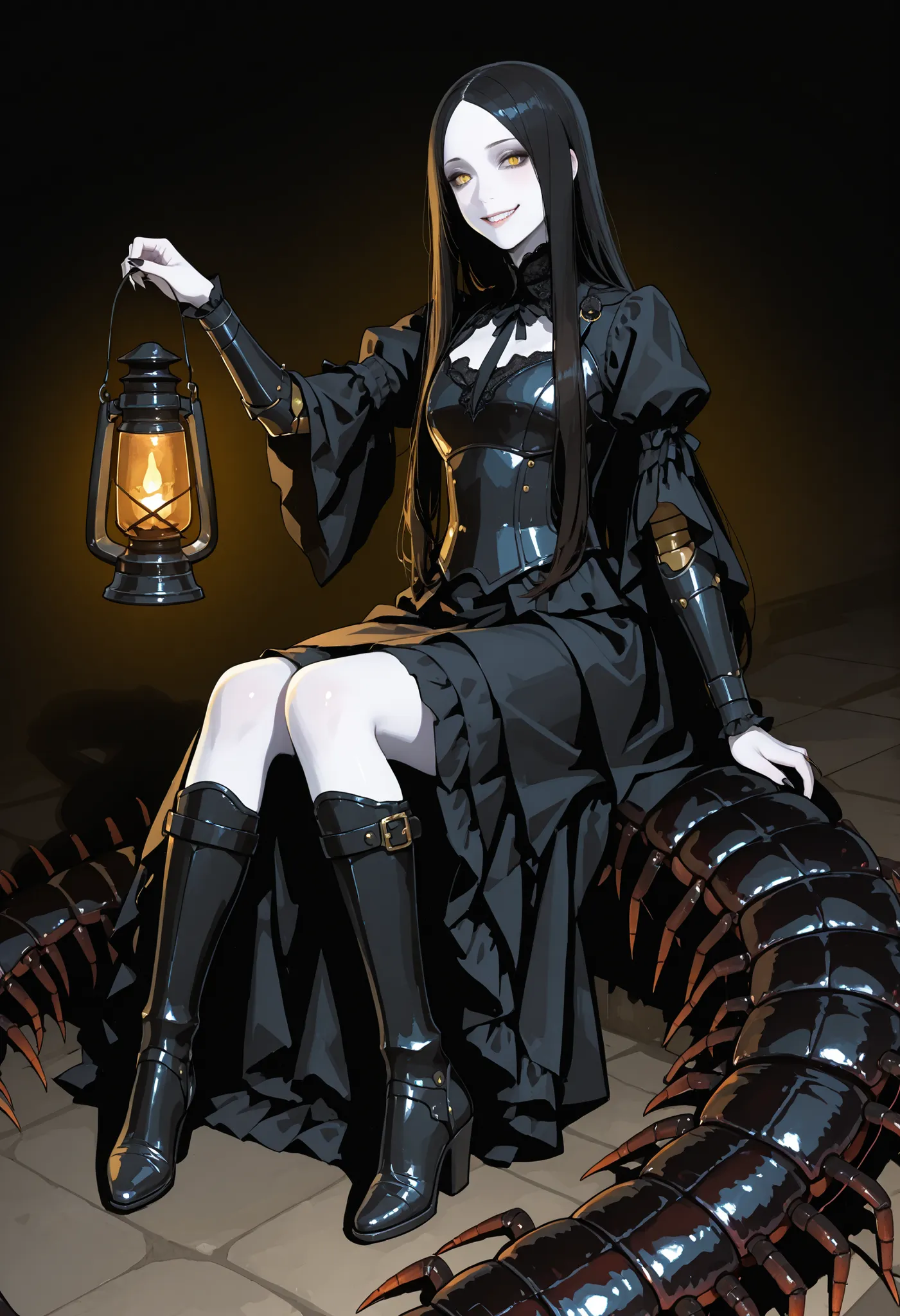 A girl sitting on a big centipede. Black hair. Long hair. Yellow eyes. Sarcastic smile. White skin. Armored arms. Sharp claws. Black gothic dress. Black metal boots. Holding a lantern in her hand. Centipede kaiju. Insect legs.