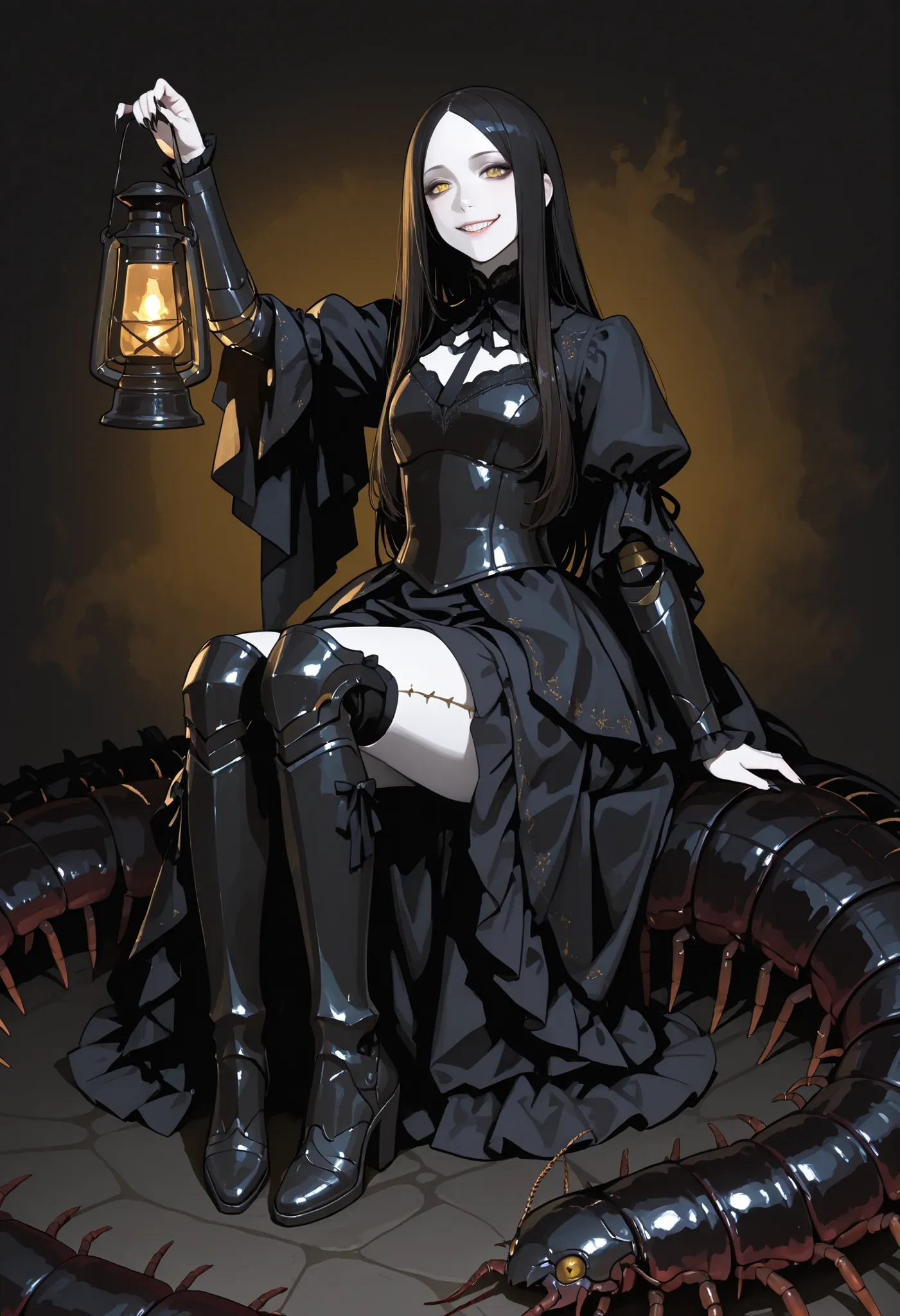 A girl sitting on a big centipede. Black hair. Long hair. Yellow eyes. Sarcastic smile. White skin. Armored arms. Sharp claws. Black gothic dress. Black metal boots. Holding a lantern in her hand. Centipede kaiju. Insect legs.
