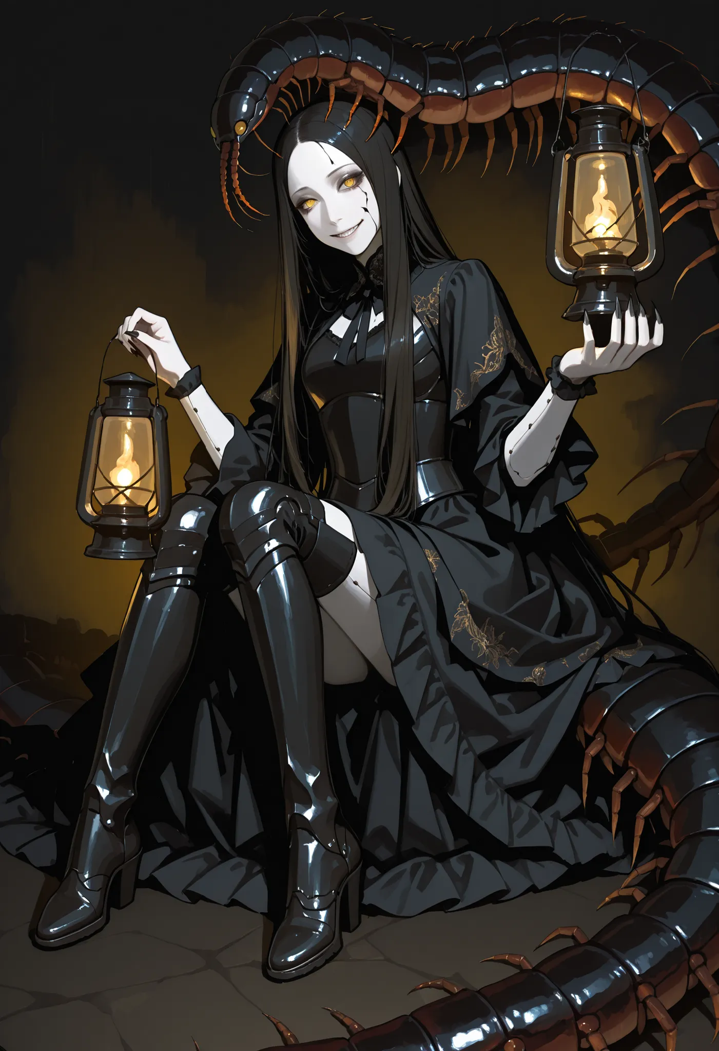 A girl sitting on a big centipede. Black hair. Long hair. Yellow eyes. Ironic smile. White skin. Armored arms. Sharp claws. Black gothic dress. Black metal boots. Lantern in hand. Centipede kaiju. Centipede lifting its head. Multiple eyes. Insect legs.