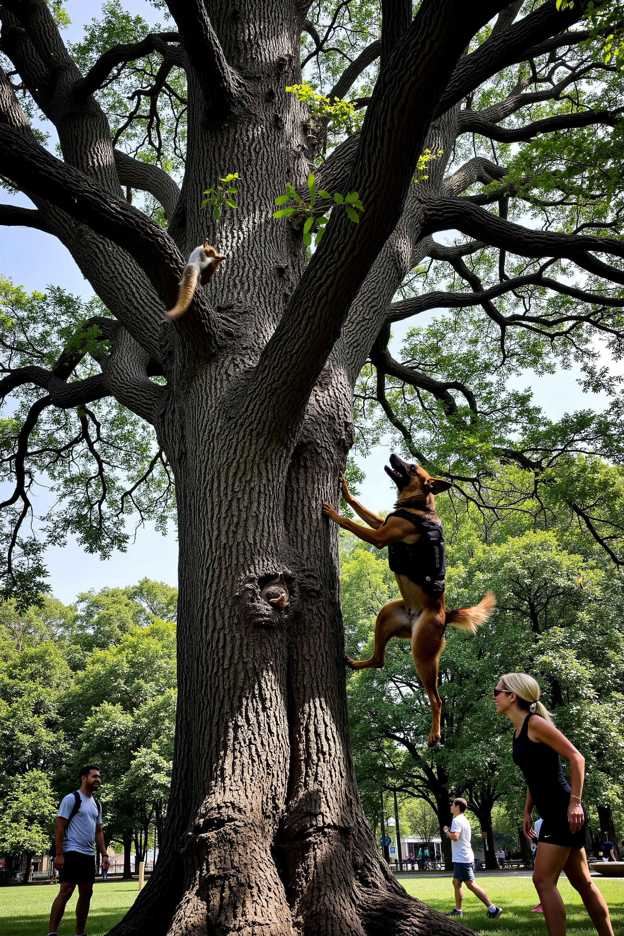 A sharply timed iPhone photo captures a Belgian Malinois in a black police K9 vest as it appears to sprint vertically up the thick trunk of a towering oak tree in a city park. The oak is massive—its bark deeply textured, trunk wide enough to dwarf the dog—...