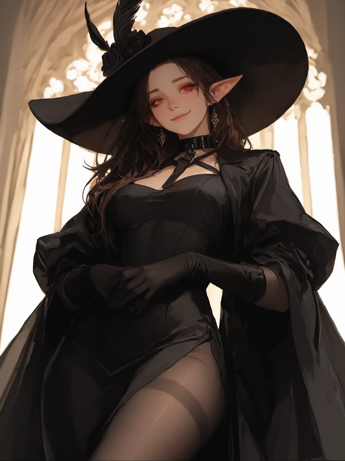 {{masterpiece}},{{Excellent detailing,}} 1 girl. Brunette. 32 years old. Aristocrat. Black as night loose hair, forehead free. Red eyes. Elven ears. Dressed in a fitted, tight black dress, black tights on her legs, black silk gloves on her hands, a wide ha...