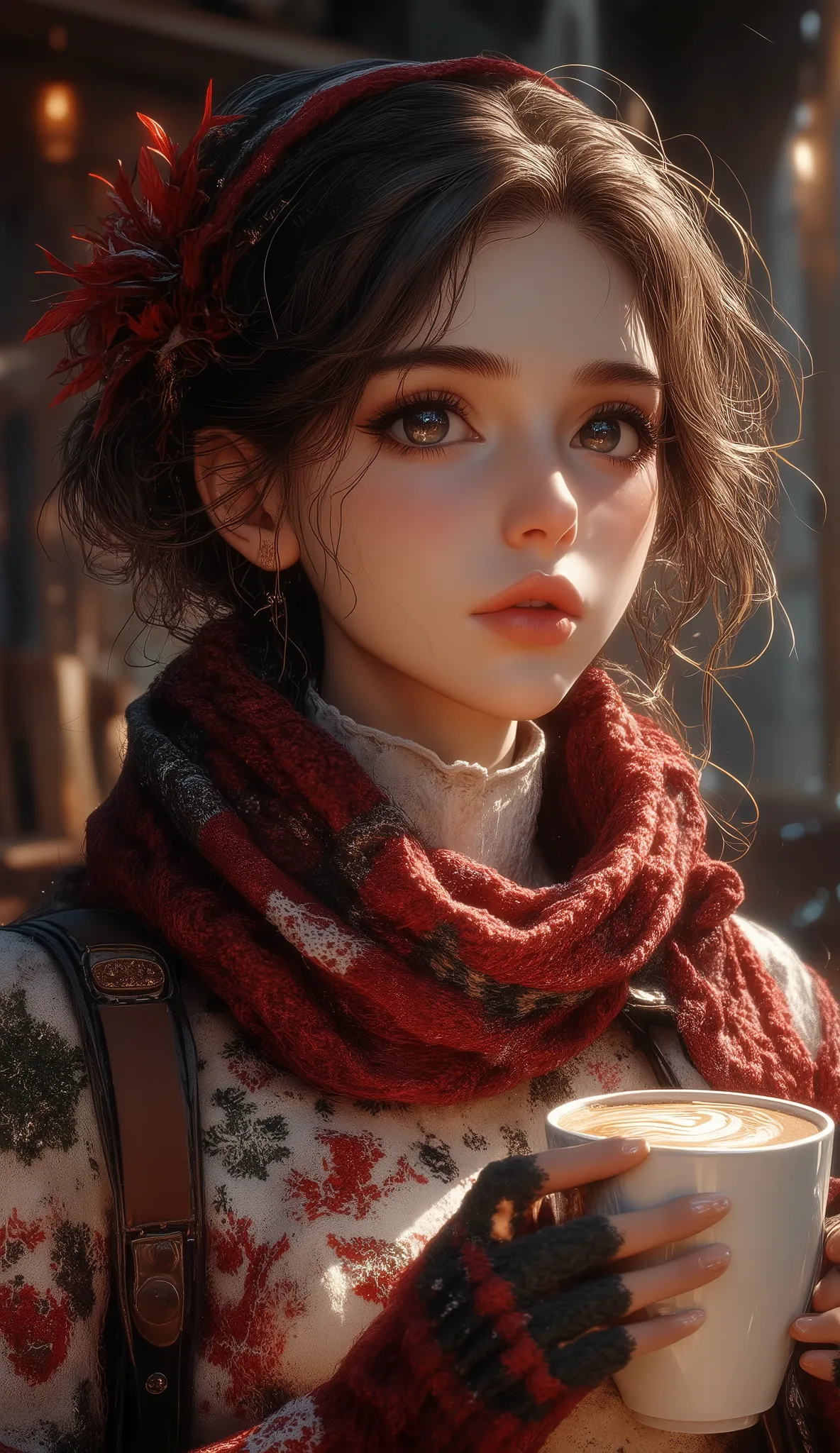 A beautiful woman with beautiful eyes :1.2, detailed eyes, Full and beautiful lips, highly detailed eyes and faces, long lashes, cute expression, sorrir, sentada:1.4, faces holding a cup of hot latte, homemade background , Christmas sweater , lareira, lu...