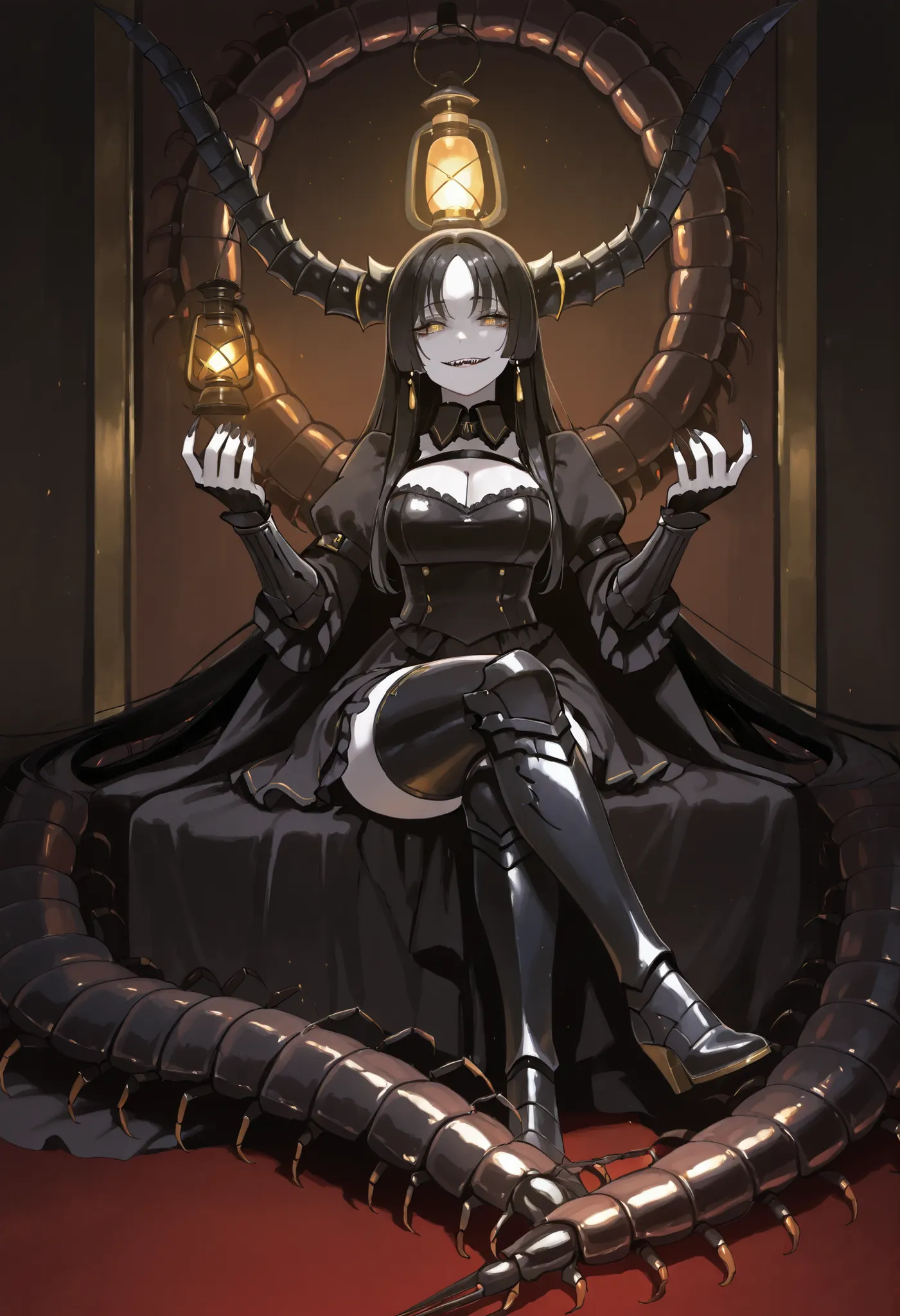 A girl sitting on a big centipede. Black hair. Long hair. Yellow eyes. Ironic smile. White skin. Armored arms. Sharp claws. Black gothic dress. Black metal boots. Lantern in hand. Centipede kaiju. Centipede lifting its head. Multiple eyes. Insect legs.