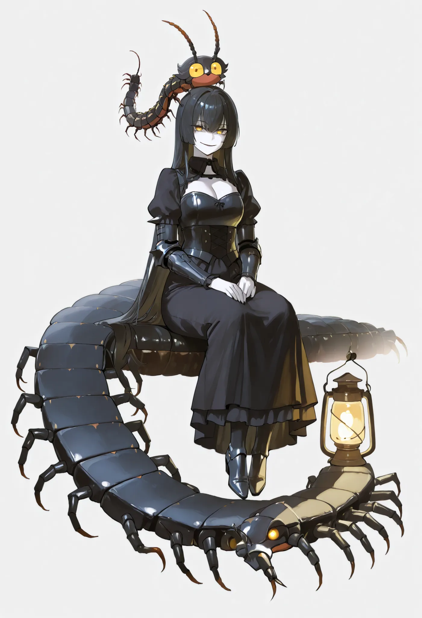 A girl sitting on a big centipede. Black hair. Long hair. Yellow eyes. Ironic smile. White skin. Armored arms. Sharp claws. Black gothic dress. Black metal boots. Lantern in hand. Centipede kaiju. Centipede lifting its head. Multiple eyes. Insect legs.