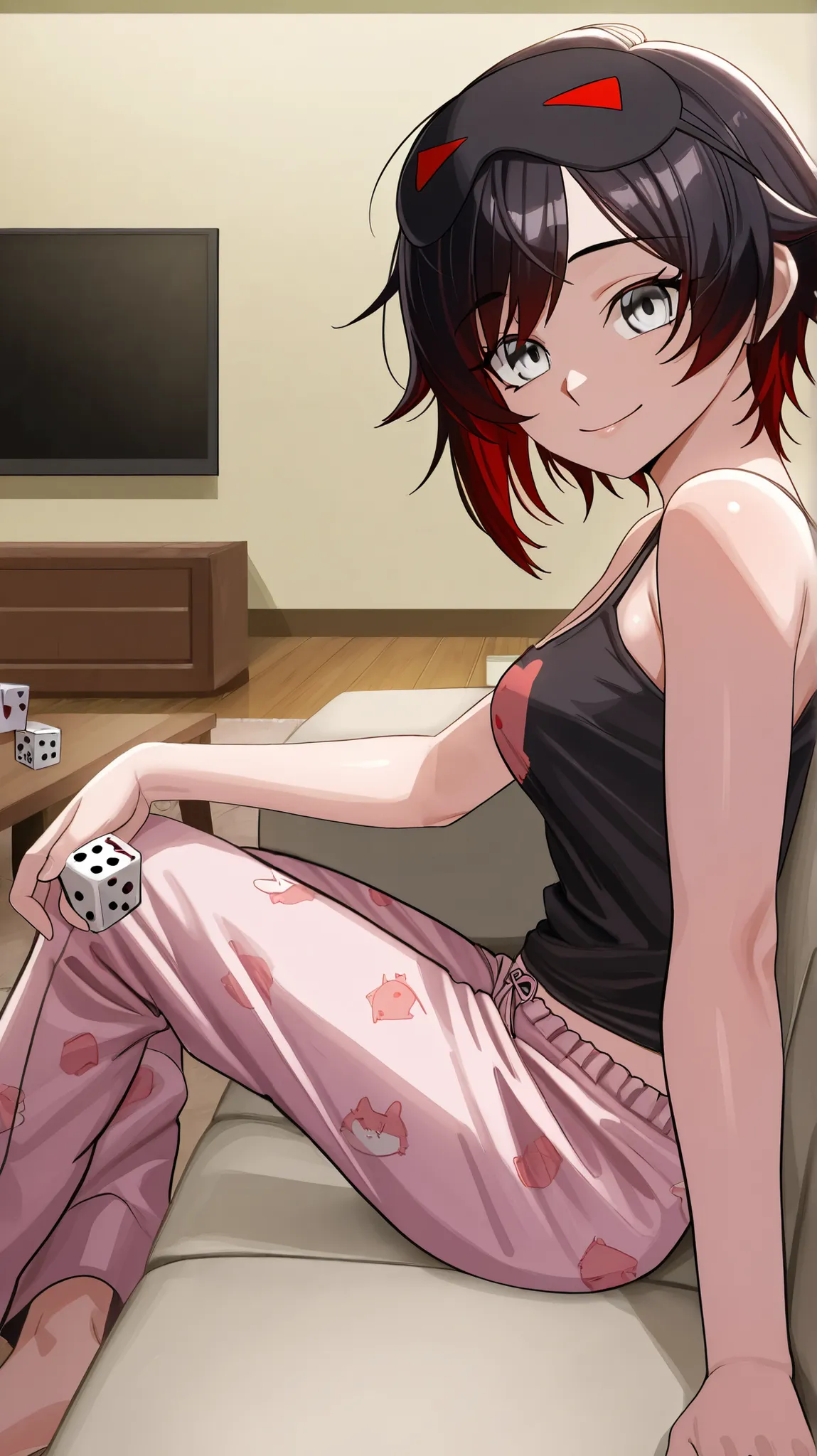 RubyR0se, 1girl, black hair, red hair, two tone hair, gray eyes, Vol1Pajamas, pajamas, black tank top, pink pants, sleep mask, barefoot, indoors, living room, couch, sitting on couch, table, TV, holding 20-sided dice, d20, looking at viewer, pov, smile, up...