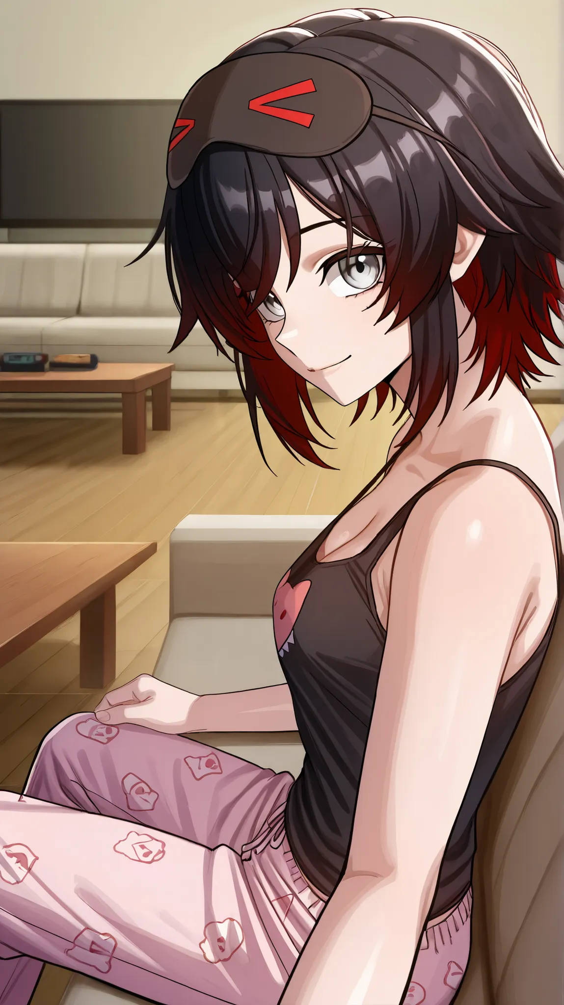 RubyR0se, 1girl, black hair, red hair, two tone hair, gray eyes, Vol1Pajamas, pajamas, black tank top, pink pants, sleep mask, barefoot, indoors, living room, couch, sitting on couch, table, TV, holding d20, d20, looking at viewer, pov, smile, upper body, ...