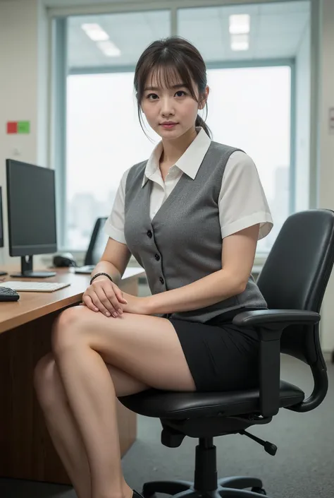 (8k, , super realistic :1.2), ( Highest Quality : 1.2),Office Lady, ( Highest Quality:1.3), ( Rystic :1.2), her whole body is reflected from her feet , ((sitting at a desk in an office)) 、female,The hair is longer than the shoulders and tied at the ...