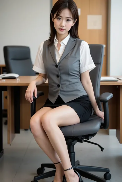(8k, , super realistic :1.2), ( Highest Quality : 1.2),Office Lady, ( Highest Quality:1.3), ( Rystic :1.2), her whole body is reflected from her feet , ((sitting at a desk in an office)) 、female,The hair is longer than the shoulders and tied at the ...
