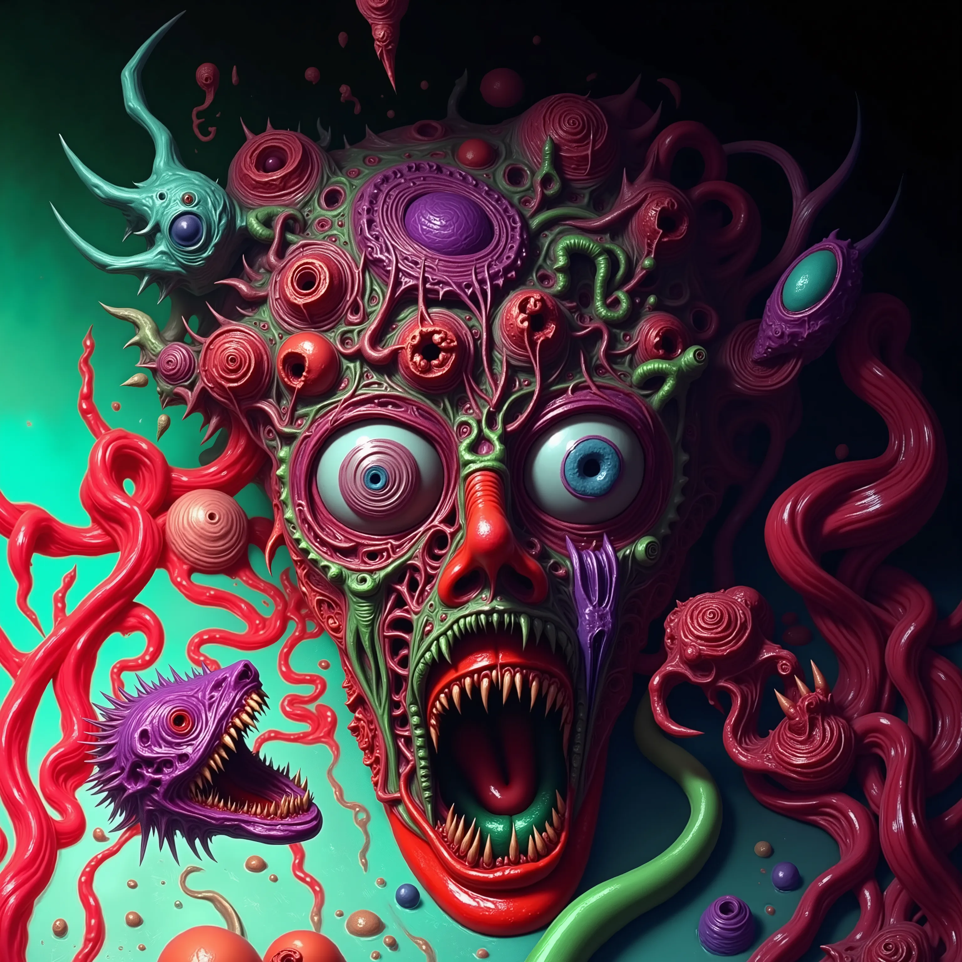 a close up of a painting of a person with a weird skinless face, Eldritch Lovecraftian mythos digital art, by Justin Gerard, zbrush central contest winner, psychedelic art, death metal album cover, vivid colors anatomical, madness creature, anaglyph, about...