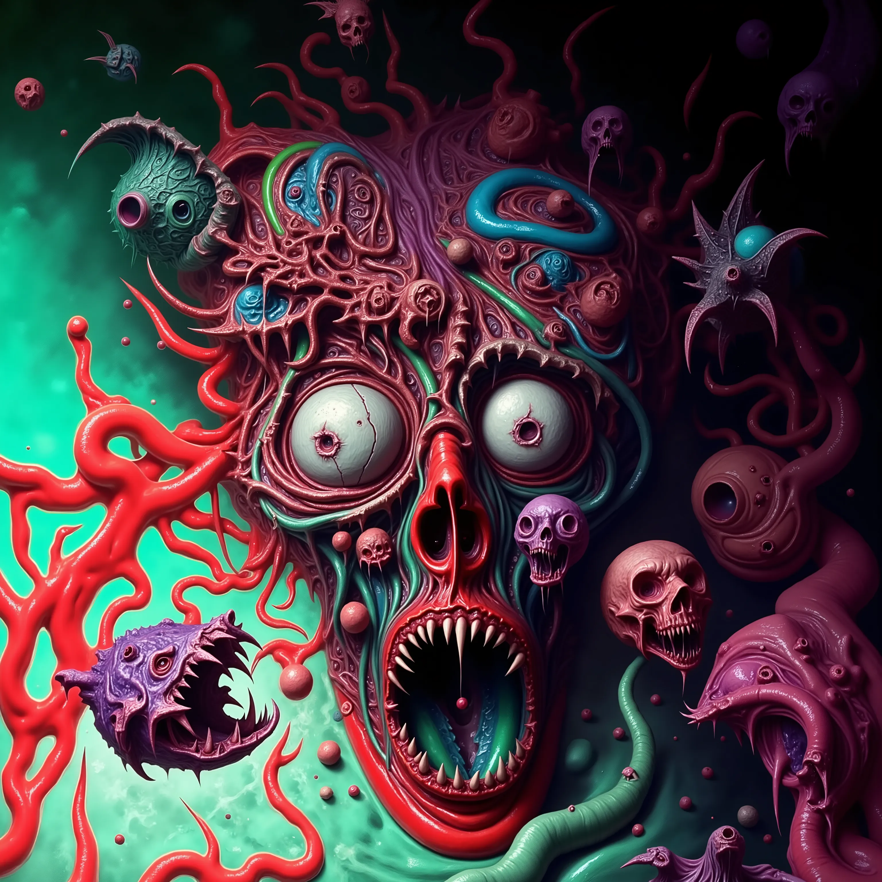 a close up of a painting of a person with a weird skinless face, Eldritch Lovecraftian mythos digital art, by Justin Gerard, zbrush central contest winner, psychedelic art, death metal album cover, vivid colors anatomical, madness creature, anaglyph, about...