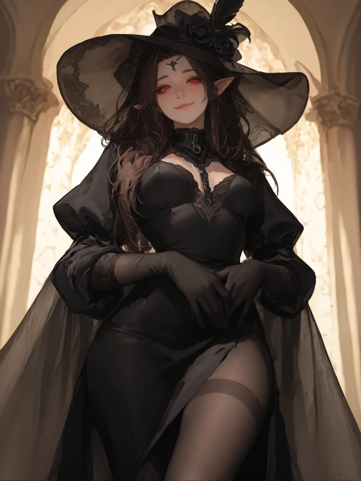 {{masterpiece}},{{Excellent detailing,}} 1 girl. Brunette. 32 years old. Aristocrat. Black as night loose hair, forehead free. Red eyes. Elven ears. Dressed in a fitted, tight black dress, black tights on her legs, black silk gloves on her hands, a wide ha...