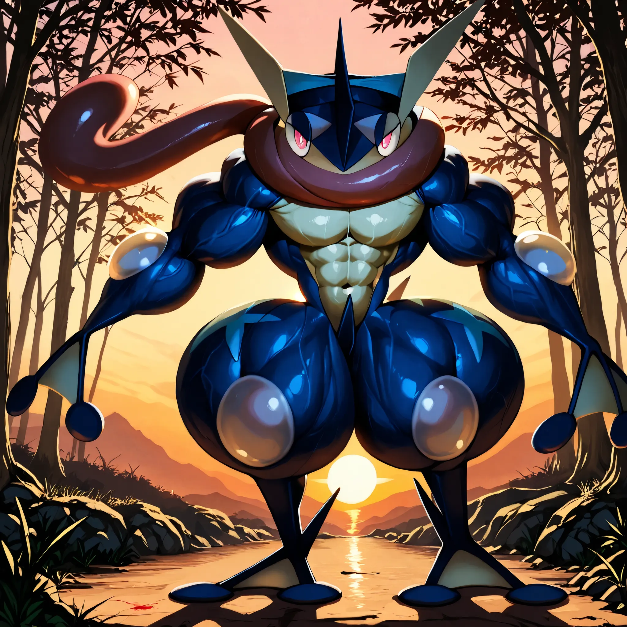 solo, full body, from front, standing, BREAK Greninja(Pokémon), Pokémon(creature), greninja_default, BREAK big eyes, round eyes, slant eyes, reddish pink eyes, looking at viewer, smile, BREAK Huge and strong body of overwhelming muscularity, Hyper Giant mu...