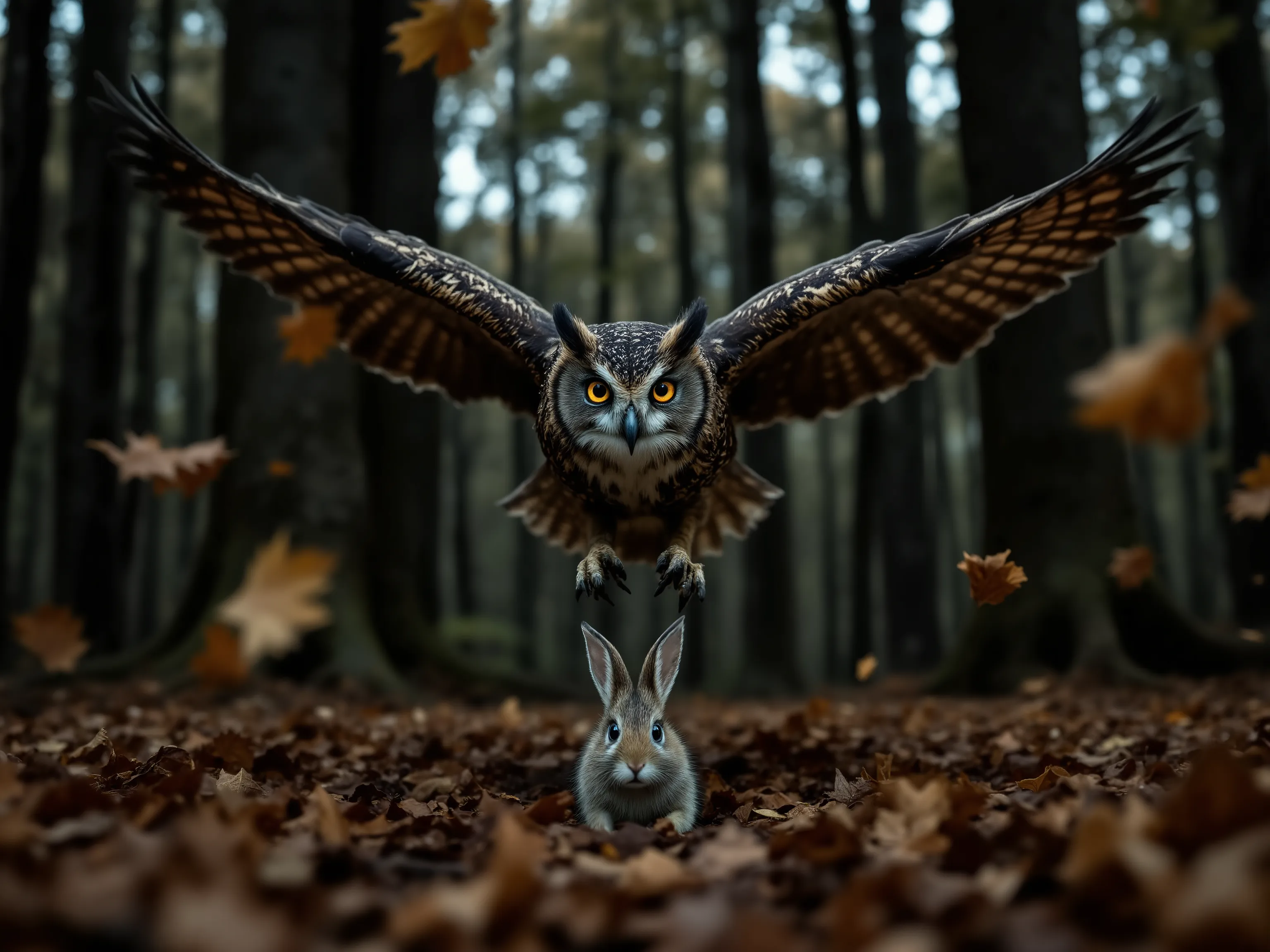 A dramatic, perfectly timed iPhone photo captures a Eurasian eagle-owl in a tight close-up just inches from a small rabbit on the forest floor. The owl’s massive talons are fully extended, wings arched in a final braking motion, and its intense amber eyes ...