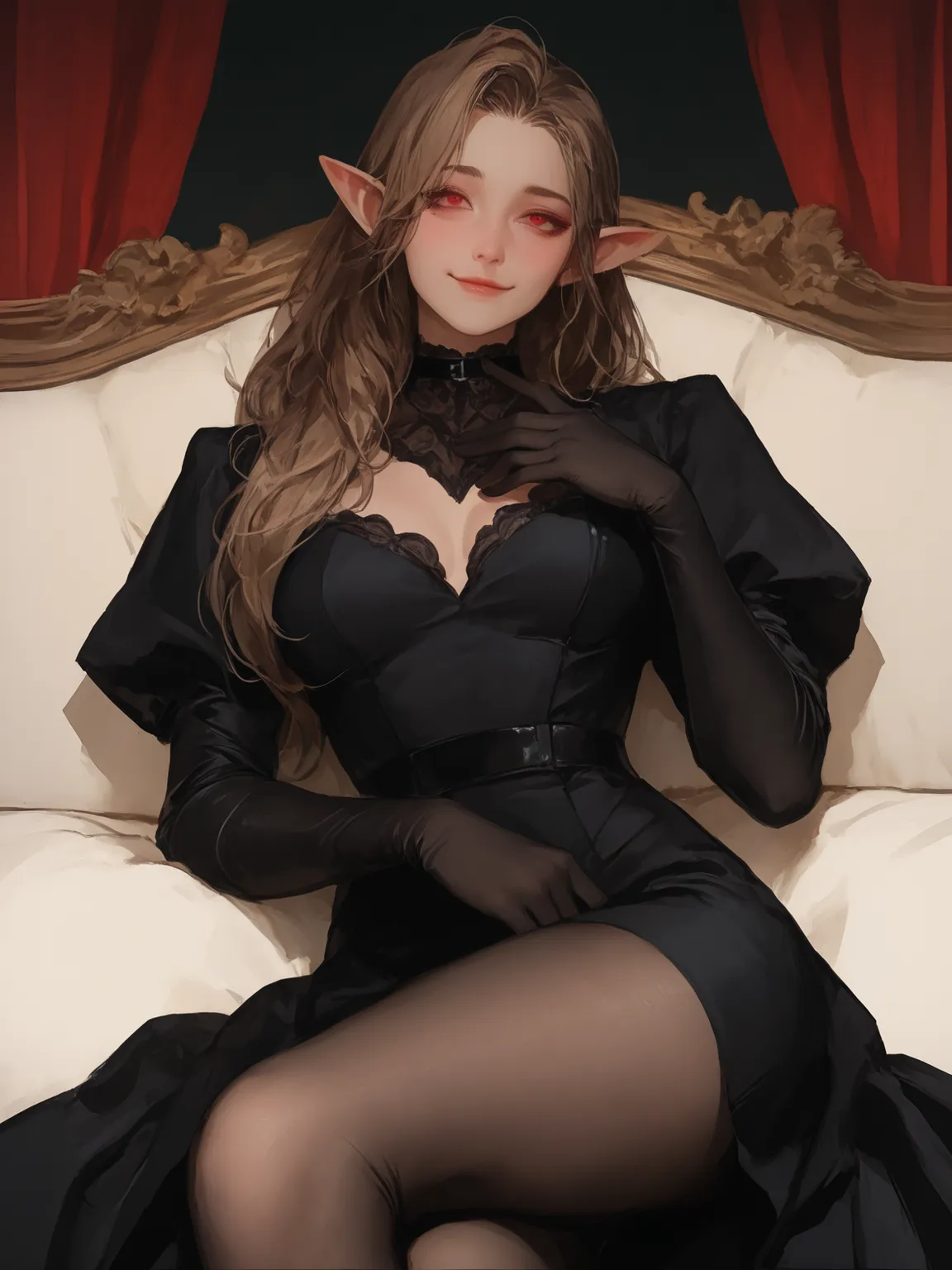 {{masterpiece}},{{Excellent detailing,}} 1 girl. Brunette. 32 years old. Aristocrat. Black as night loose hair, forehead free. Red eyes. Elven ears. Dressed in a fitted, tight black dress, black tights on her legs, black silk gloves on her hands. A black l...