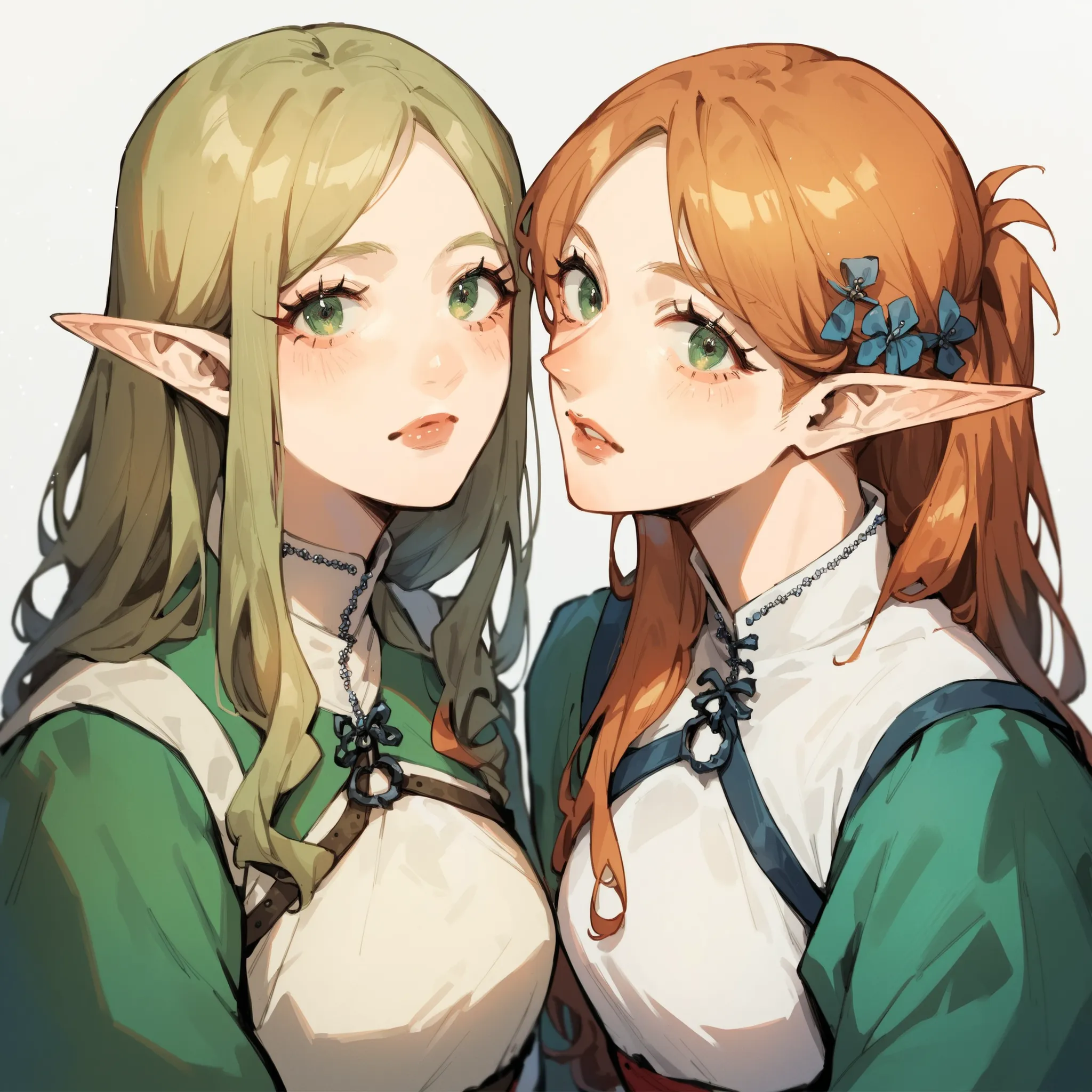 source_anime, score_9, score_8_up, score_7_up, score_6_up,Japanese art style, 2girl, one is tall and one is short, elf, looking at viewer, multicolor, sister, medieval Europe theme, the left is soft and delicate magician, the right is strong willed archer,