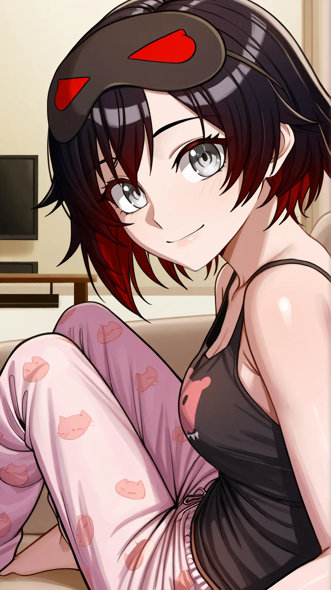 RubyR0se, 1girl, black hair, red hair, two tone hair, gray eyes, Vol1Pajamas, pajamas, black tank top, pink pants, sleep mask, barefoot, indoors, living room, couch, sitting on couch, table, TV, looking at viewer, sitting sideways, smile, upper body, close...