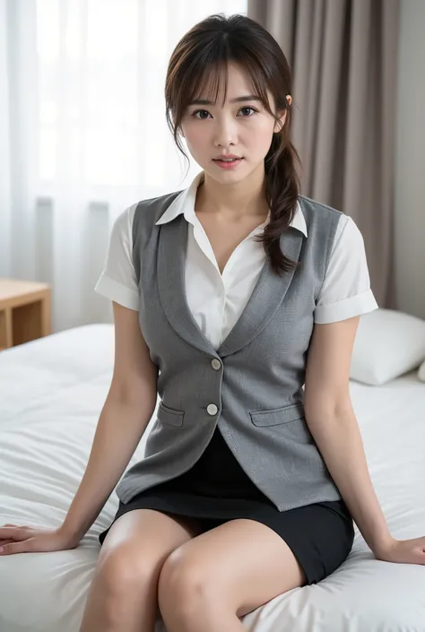 (8k, , super realistic :1.2), ( Highest Quality : 1.2),Office Lady, ( Highest Quality:1.3),bright room ( Rystic :1.2), her whole body is reflected from her feet , ((On the bed in the bedroom),((Seated with slightly open legs:1.5)) 、female,The hair i...