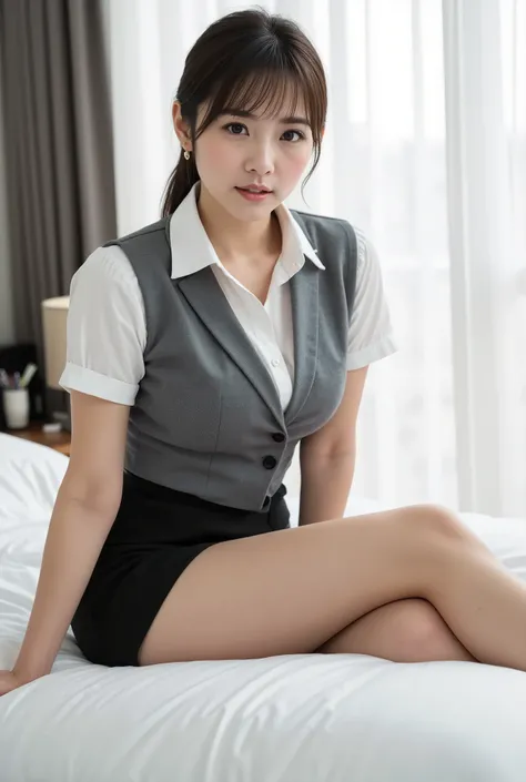 (8k, , super realistic :1.2), ( Highest Quality : 1.2),Office Lady, ( Highest Quality:1.3),bright room ( Rystic :1.2), her whole body is reflected from her feet , ((On the bed in the bedroom),((Lying face down:1.5)) 、female,The hair is longer than t...