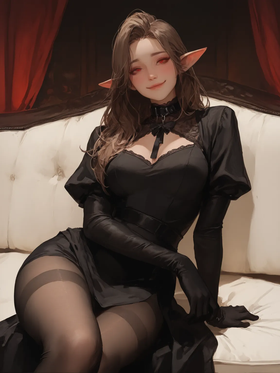 {{masterpiece}},{{Excellent detailing,}} 1 girl. Brunette. 32 years old. Aristocrat. Black as night loose hair, forehead free. Red eyes. Elven ears. Dressed in a fitted, tight black dress, black tights on her legs, black silk gloves on her hands. A black l...