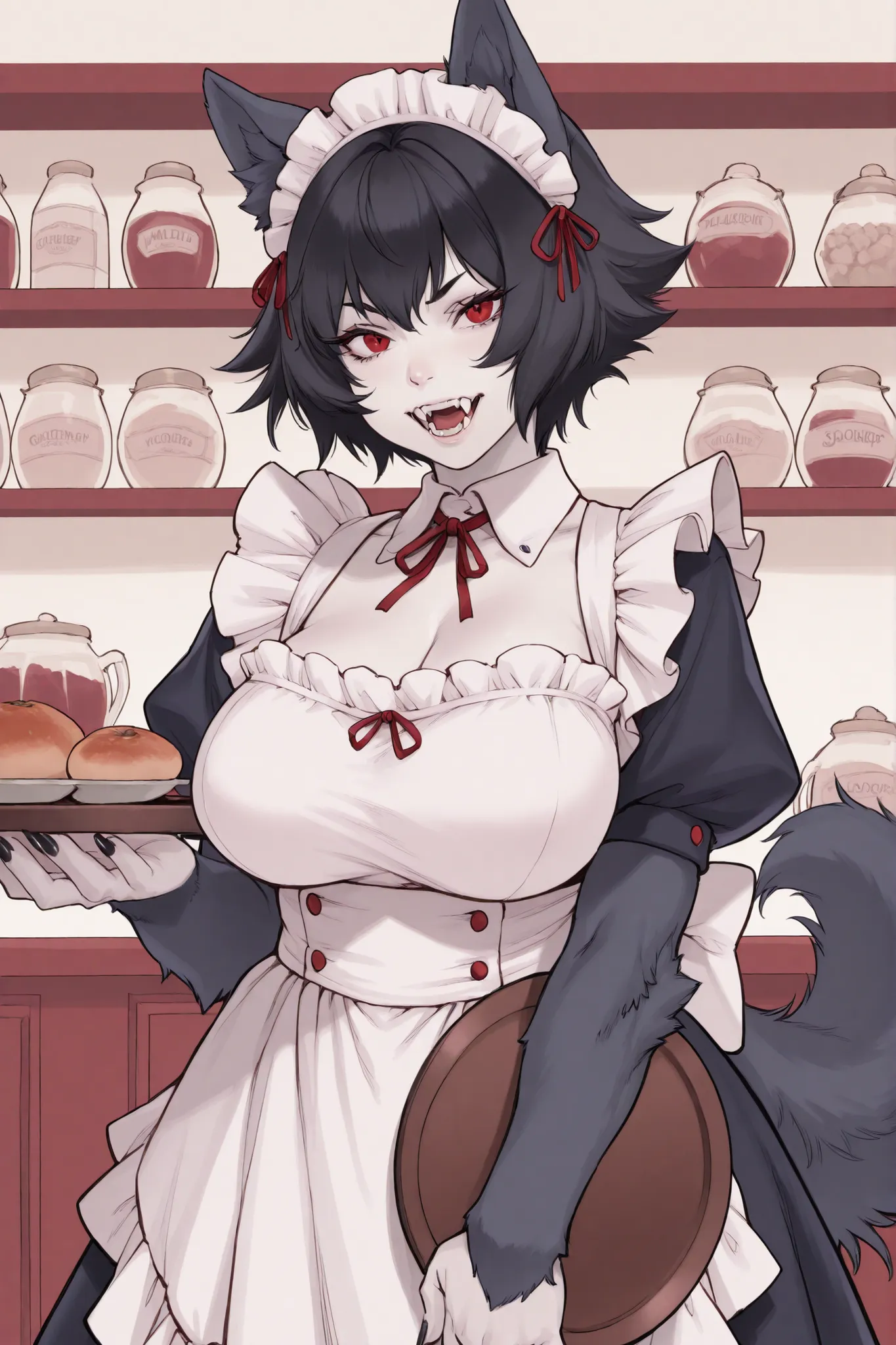 1 girl, black hair in short cut, red iris, wolf side ears, wolf tail, pale skin, furred forearms, black pointy nails, voluptuous, fangs, maid uniform, maid coffe shop, tray