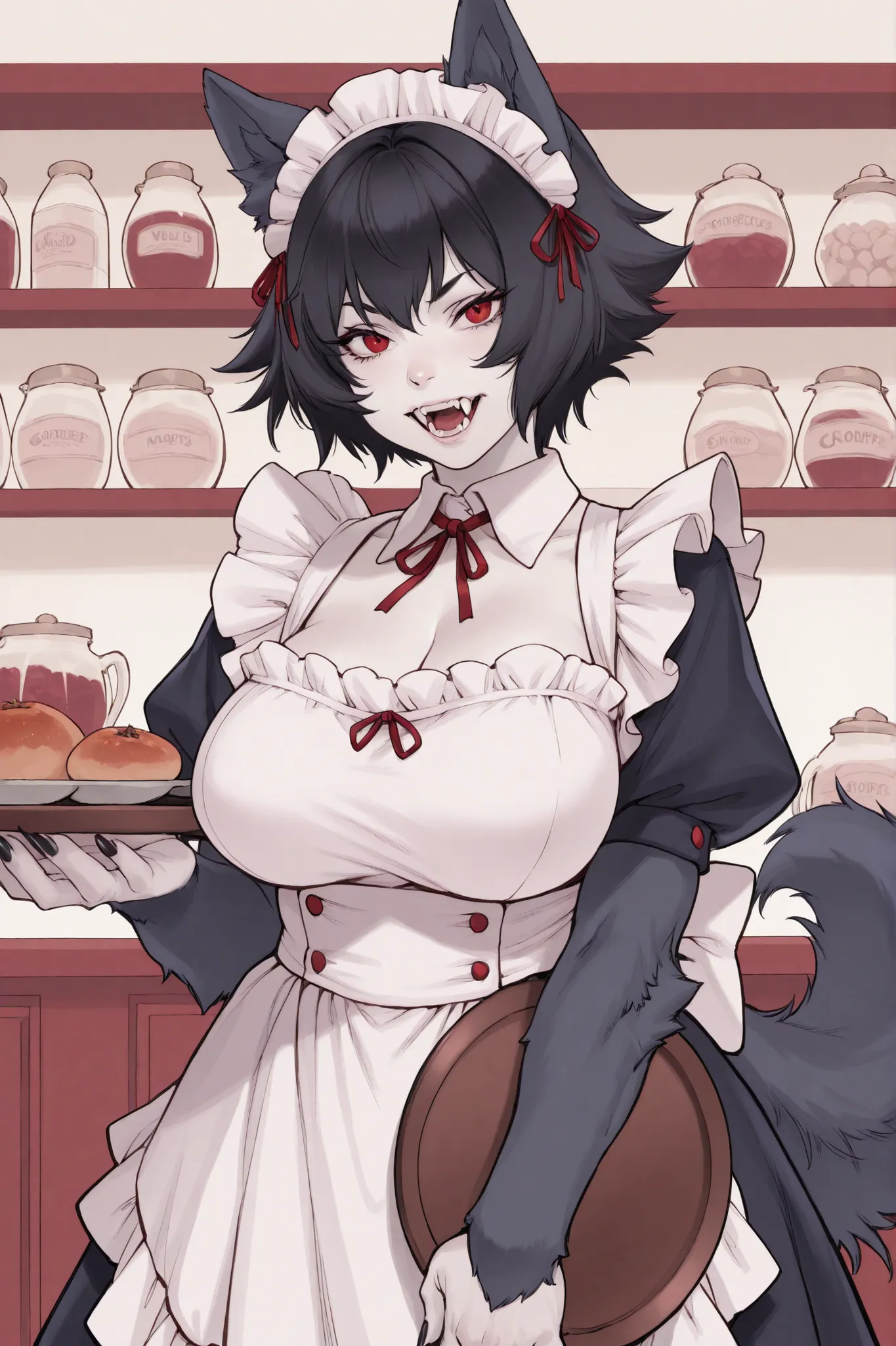 1 girl, black hair in short cut, red iris, wolf side ears, wolf tail, pale skin, furred forearms, black pointy nails, voluptuous, fangs, maid uniform, maid coffe shop, tray