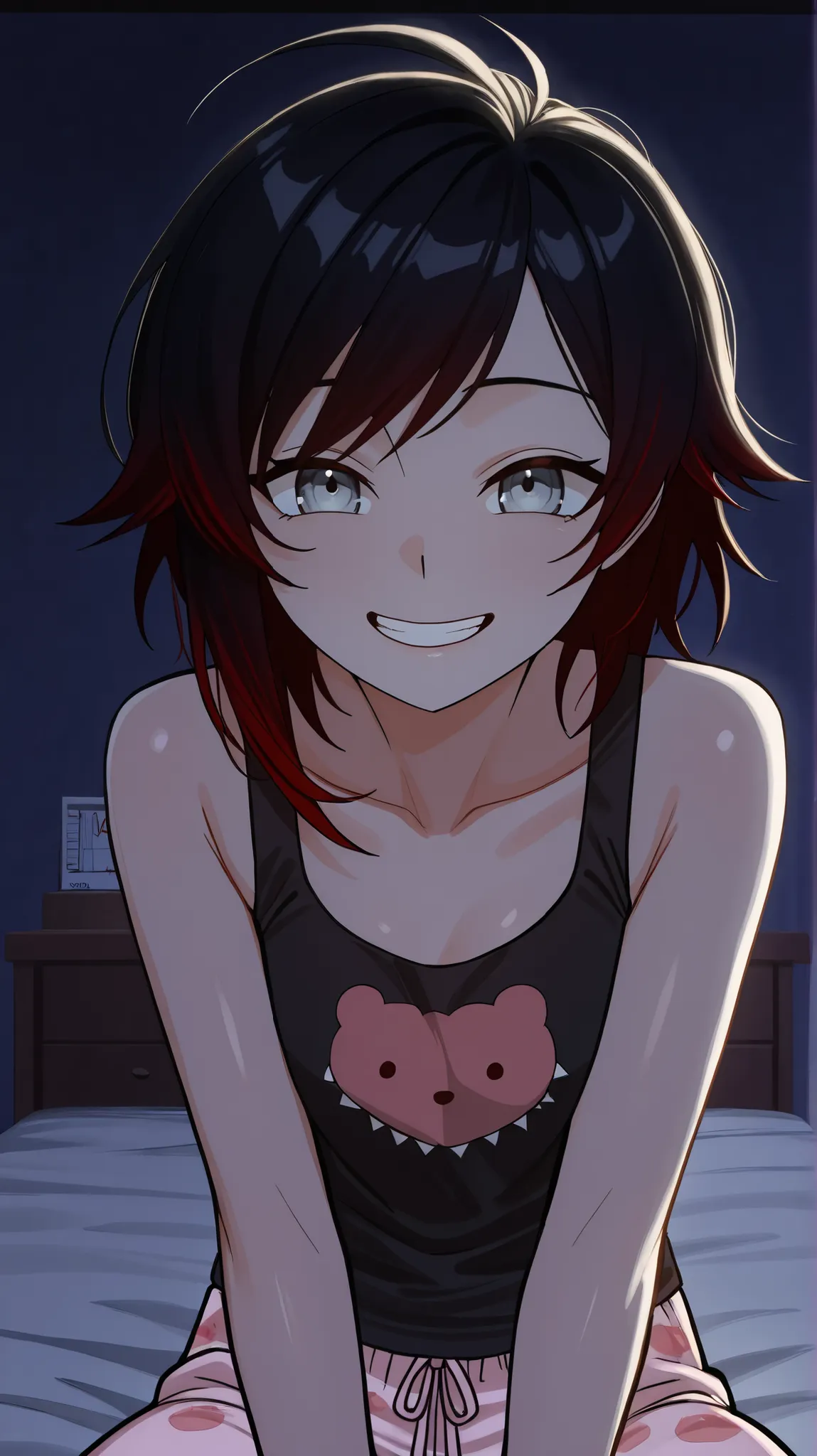 RubyR0se, 1girl, black hair, red hair, two tone hair, gray eyes, Vol1Pajamas, pajamas, black tank top, pink pants, indoors, bedroom, large beed, sitting on bed, bedside table, looking at viewer, playful grin, upper body, close-up of face, from front, darkn...