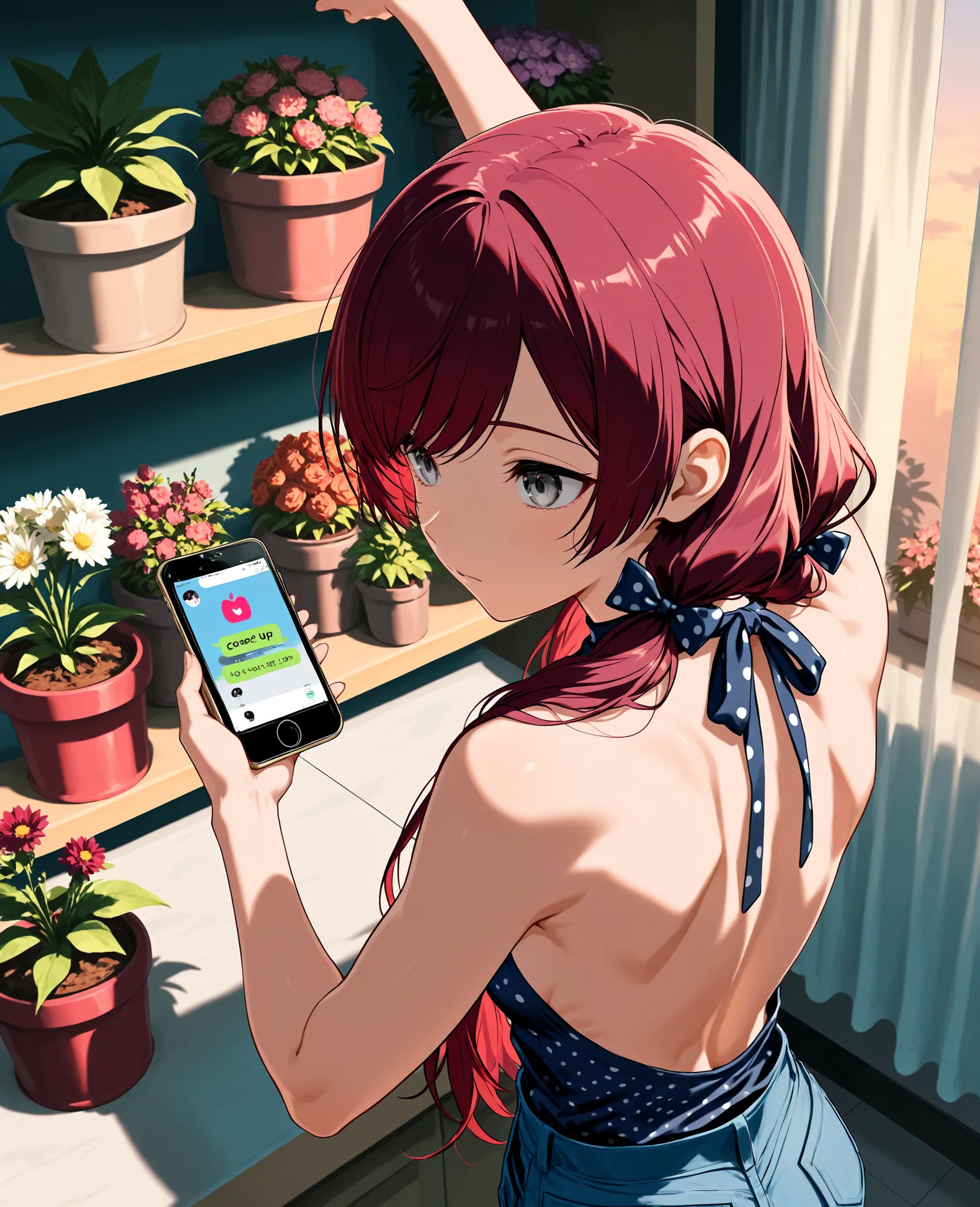 score_9, score_8_up, score_7_up, back view, from above, hands holding iPhone, reaching up to set potted flowers on shelf, arm up, leaning, long low twin tails, gray eyes, dark red hair, long swept bangs, thin, close up, small breasts, slightly toned arms,...