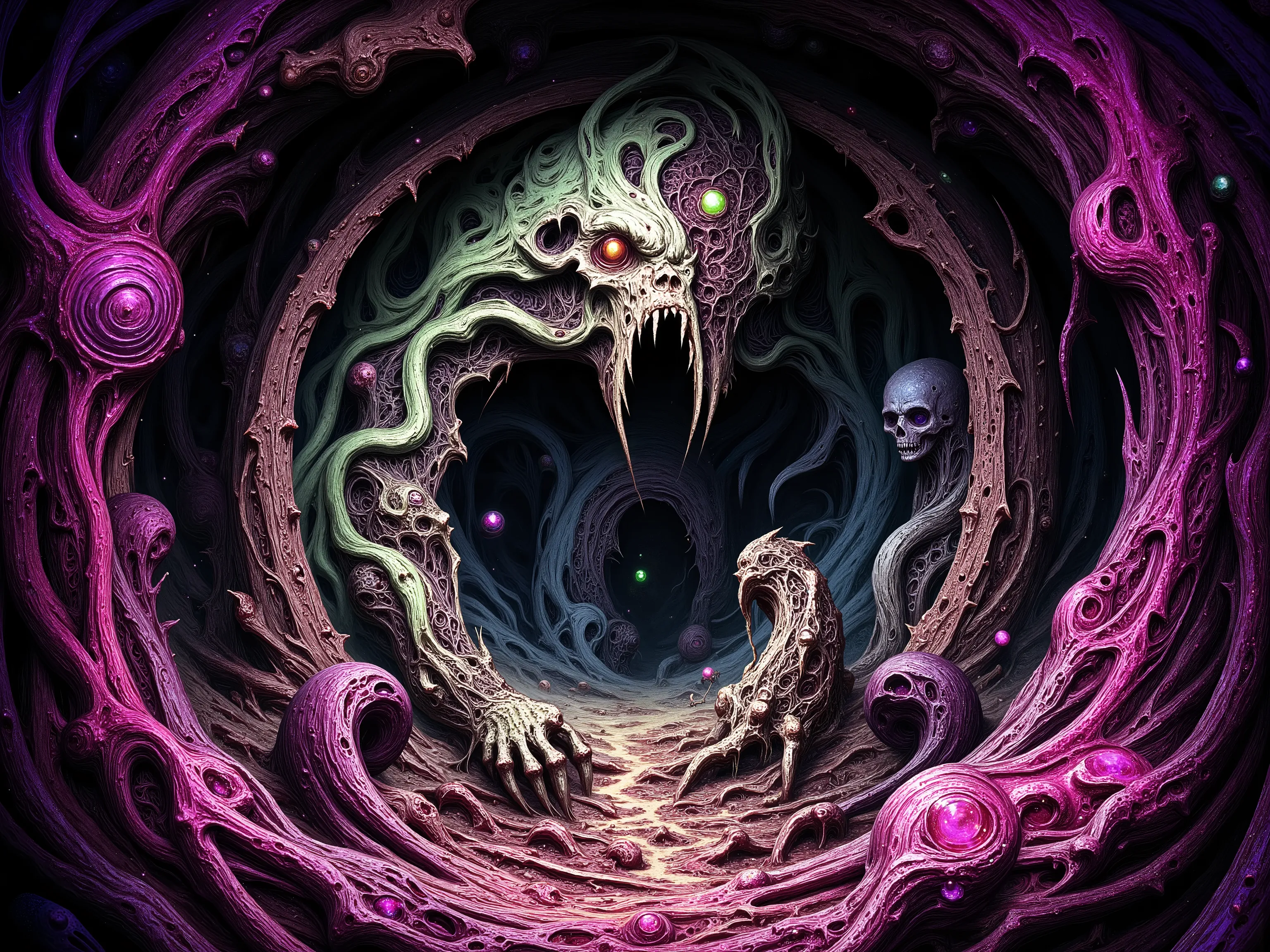 a painting of a giant monster coming out of a tunnel, concept art, inspired by Aleksi Briclot, fantasy art, andreas rocha style, intricate Eldritch Lovecraftian mythos digital art, psychedelic art, vivid colors anatomical, madness creature, anaglyph, abou...