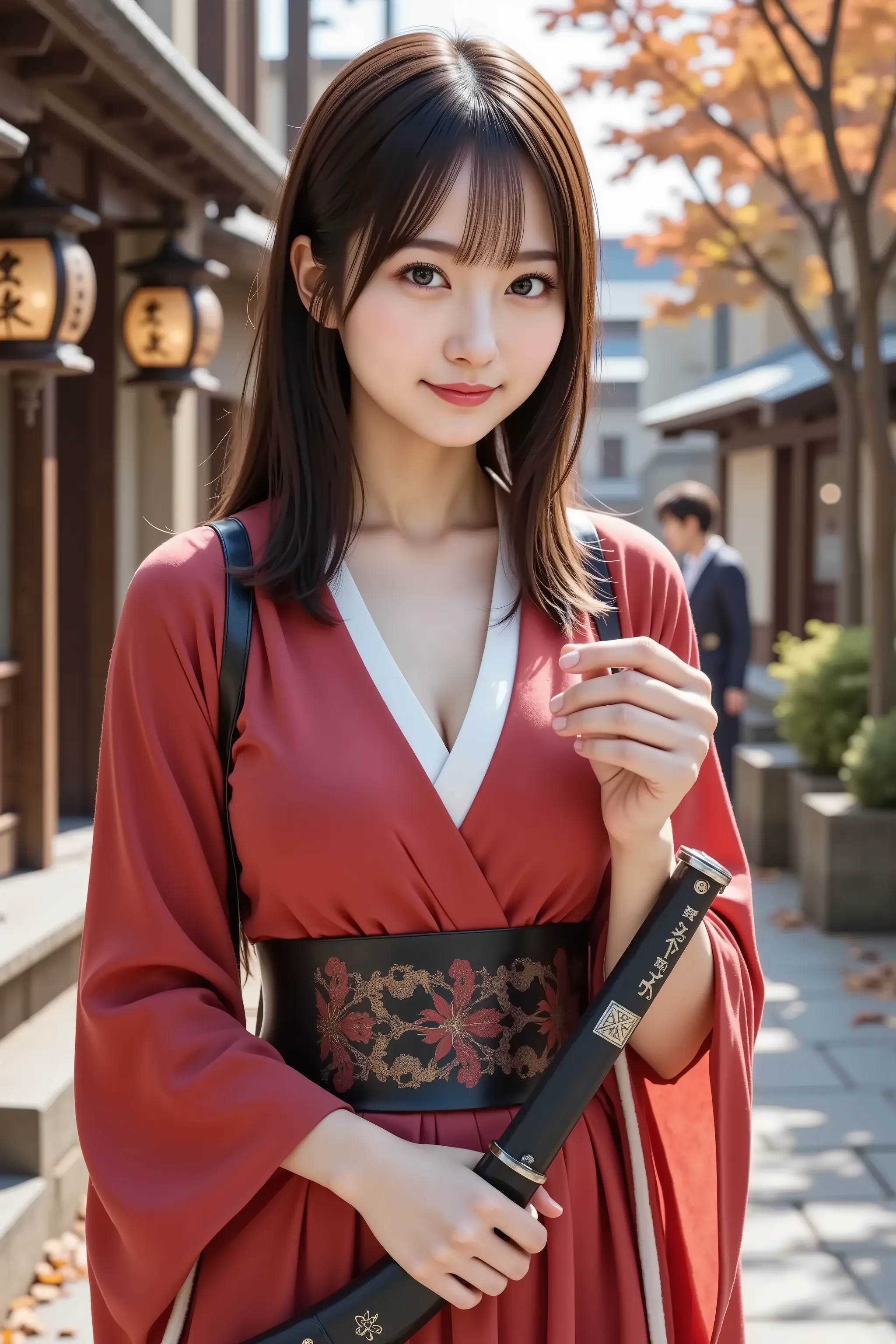 smile, A photorealistic digital painting of a slender young woman with smooth fair skin and voluptuous firm breasts emphasized by a wide deep cleavage beneath a red silk wrap-style kimono dress adorned with subtle floral motifs, each hair strand rendered w...