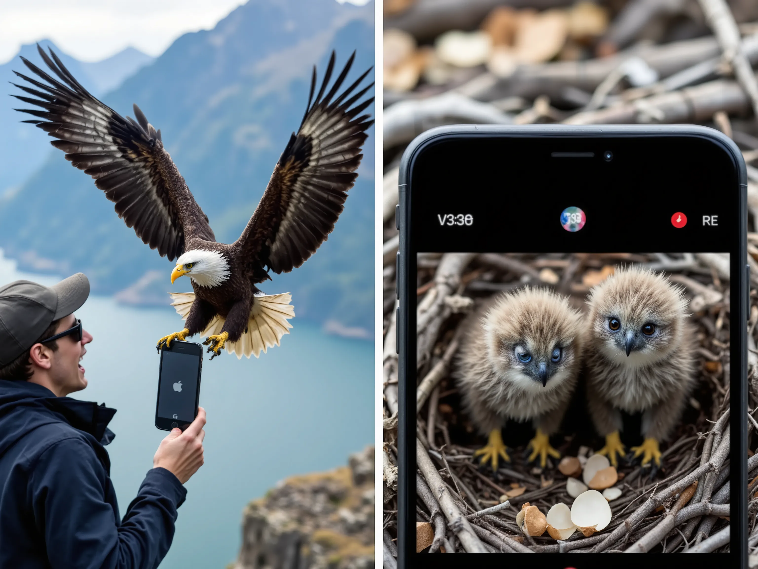 Two-panel image, both styled as candid, perfectly timed iPhone photos.
First panel: A majestic bald eagle soars just above a cliffside lookout, an iPhone gripped firmly in its talons. Its wings are outstretched, feathers catching the wind, while a shocked ...