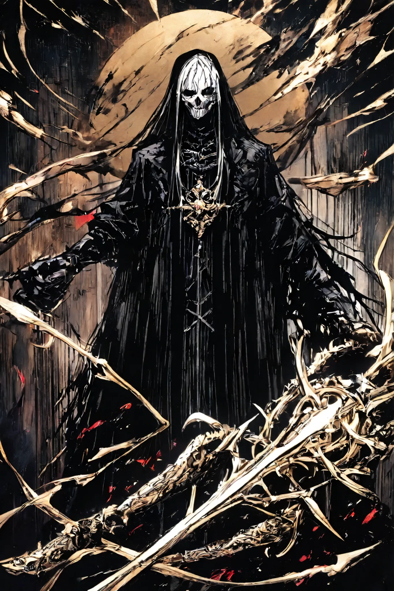He has a Gothic design with a long jacket, gold ornaments and his right arm covered by the cursed gauntlet. His hair is long and dark, with white tufts as if his body were in constant conflict between humanity and demonic corruption.
