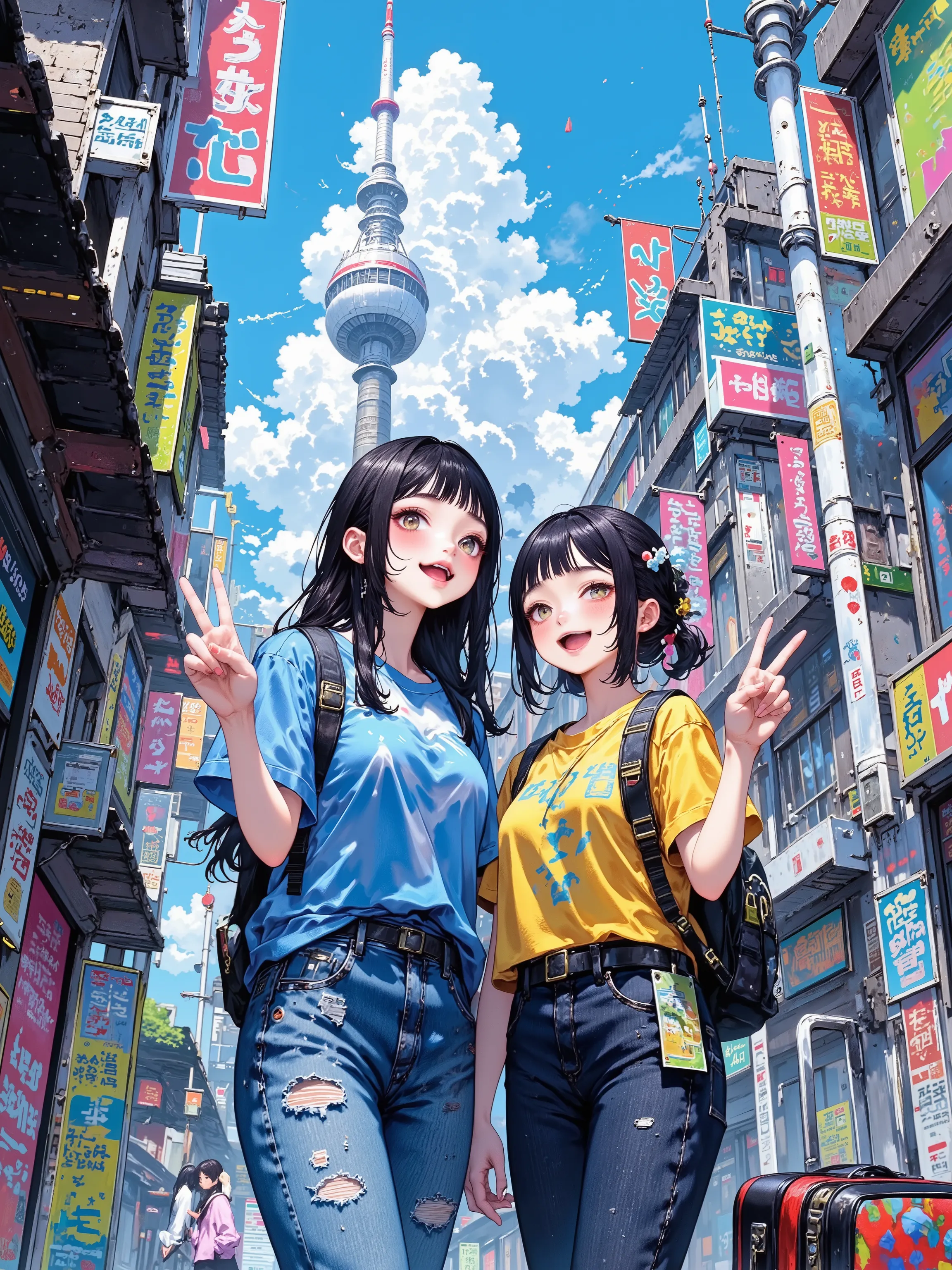 Two high school-aged sisters stand close together in a lively urban street, smiling brightly with excited expressions as they pose for a photo. Each sister is holding a cheerful peace sign near her face. The older sister, who is 160 cm tall with long black...