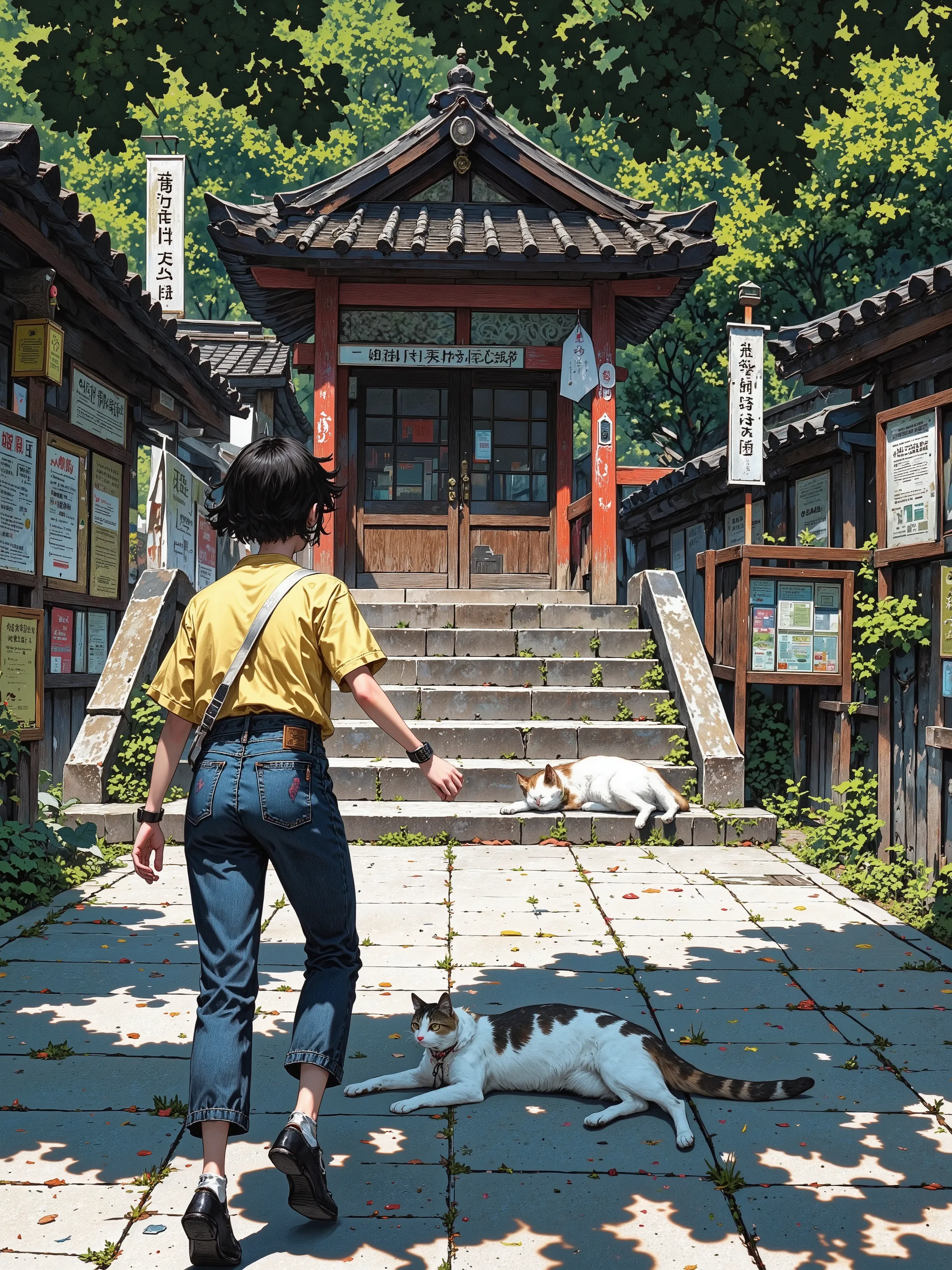 A candid photo taken through a smartphone camera shows the back of a high school-aged girl with short black hair tied back with a ribbon, dressed in a yellow casual top and jeans. She is mid-step, jogging lightly toward a sleeping cat lying near the entran...