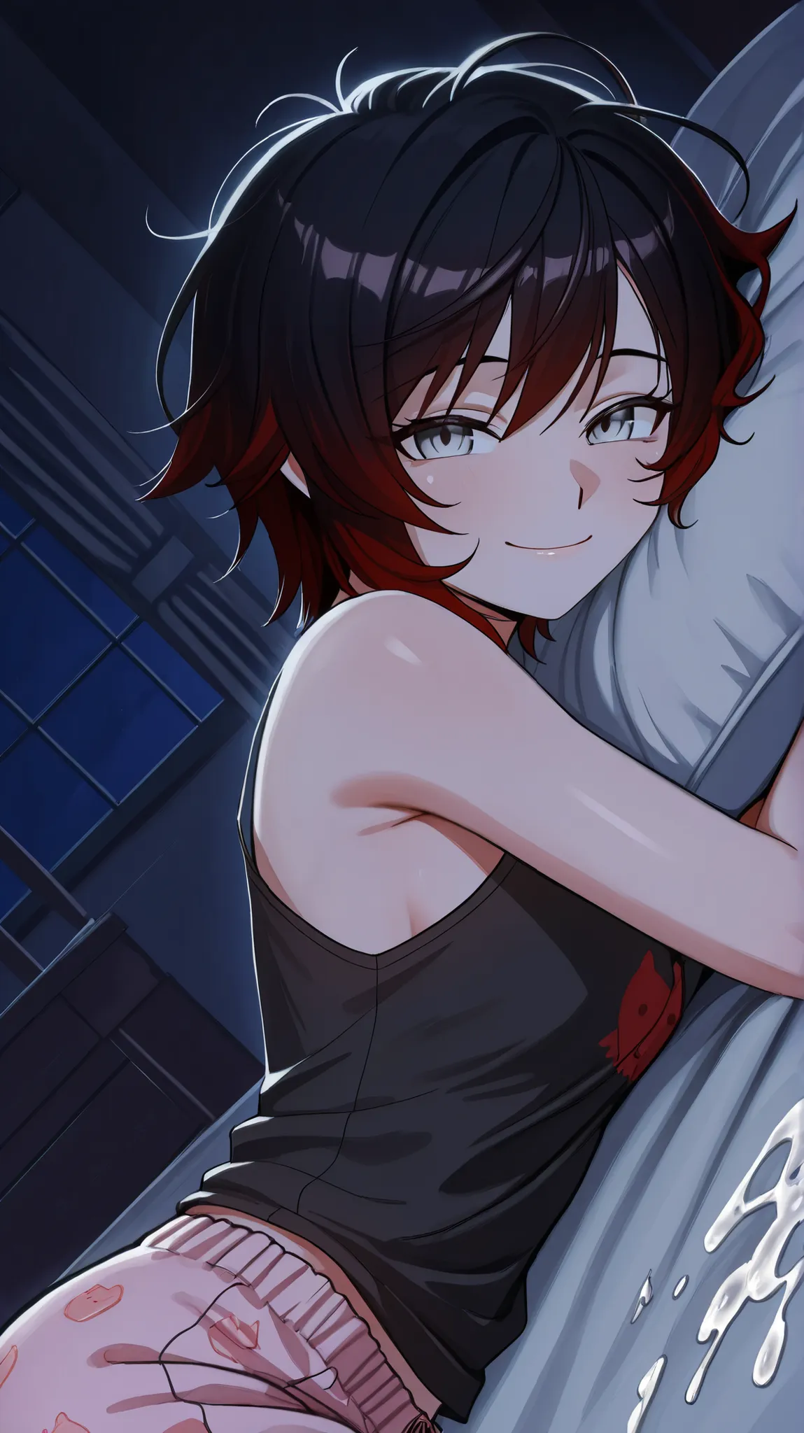 RubyR0se, 1girl, short hair, messy hair, black hair, red hair, two tone hair, gray eyes, Vol1Pajamas, pajamas, black tank top, pink pants, indoors, bedroom, large beed, laying on bed, laying on side bedside table, looking at viewer, satisfied tired smile, ...