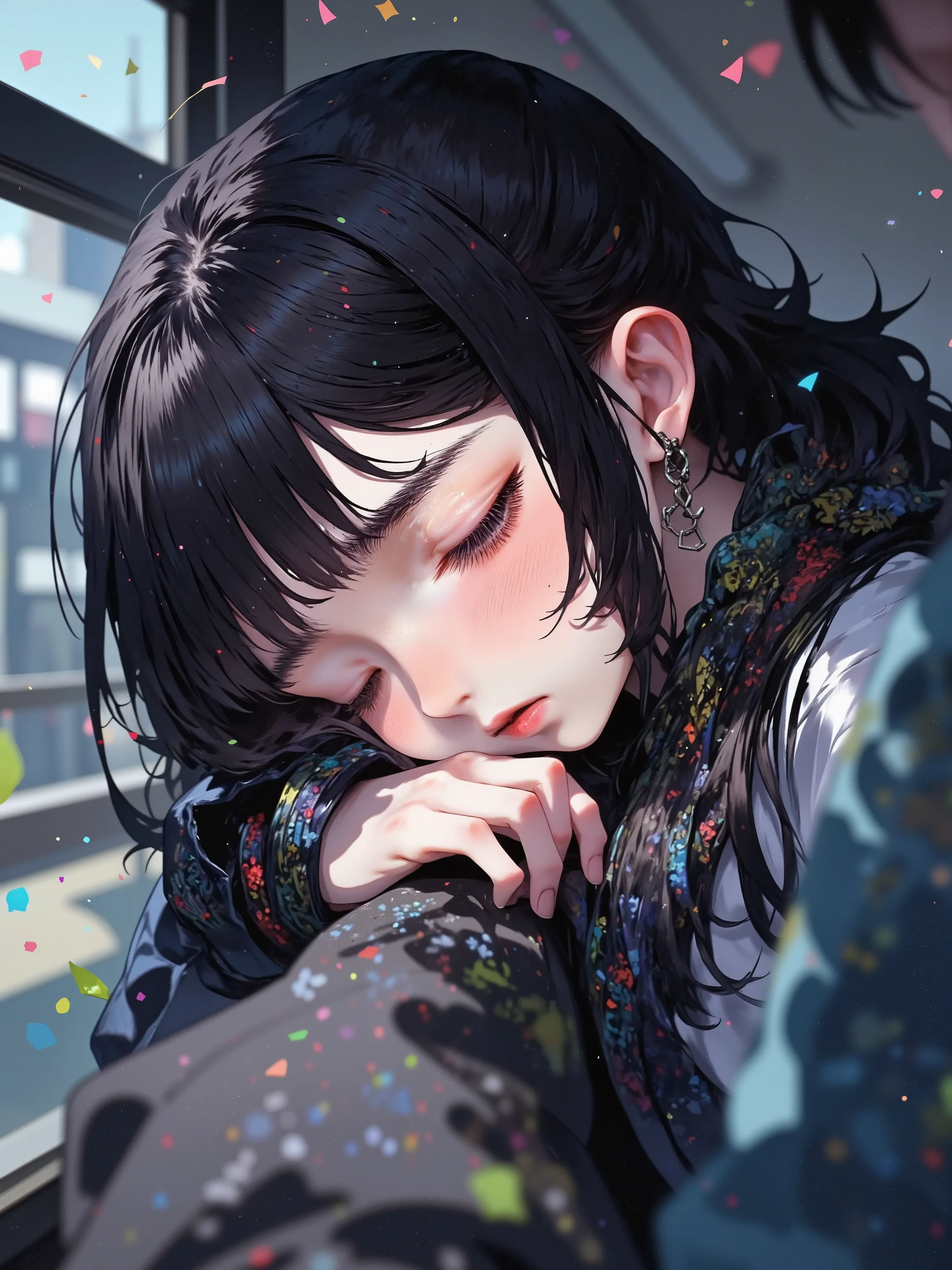 A softly focused close-up photo taken from a slightly elevated angle shows a high school girl with long black hair resting her head on the shoulder of someone next to her. She appears to be fast asleep, her expression peaceful and relaxed, as if she's deep...