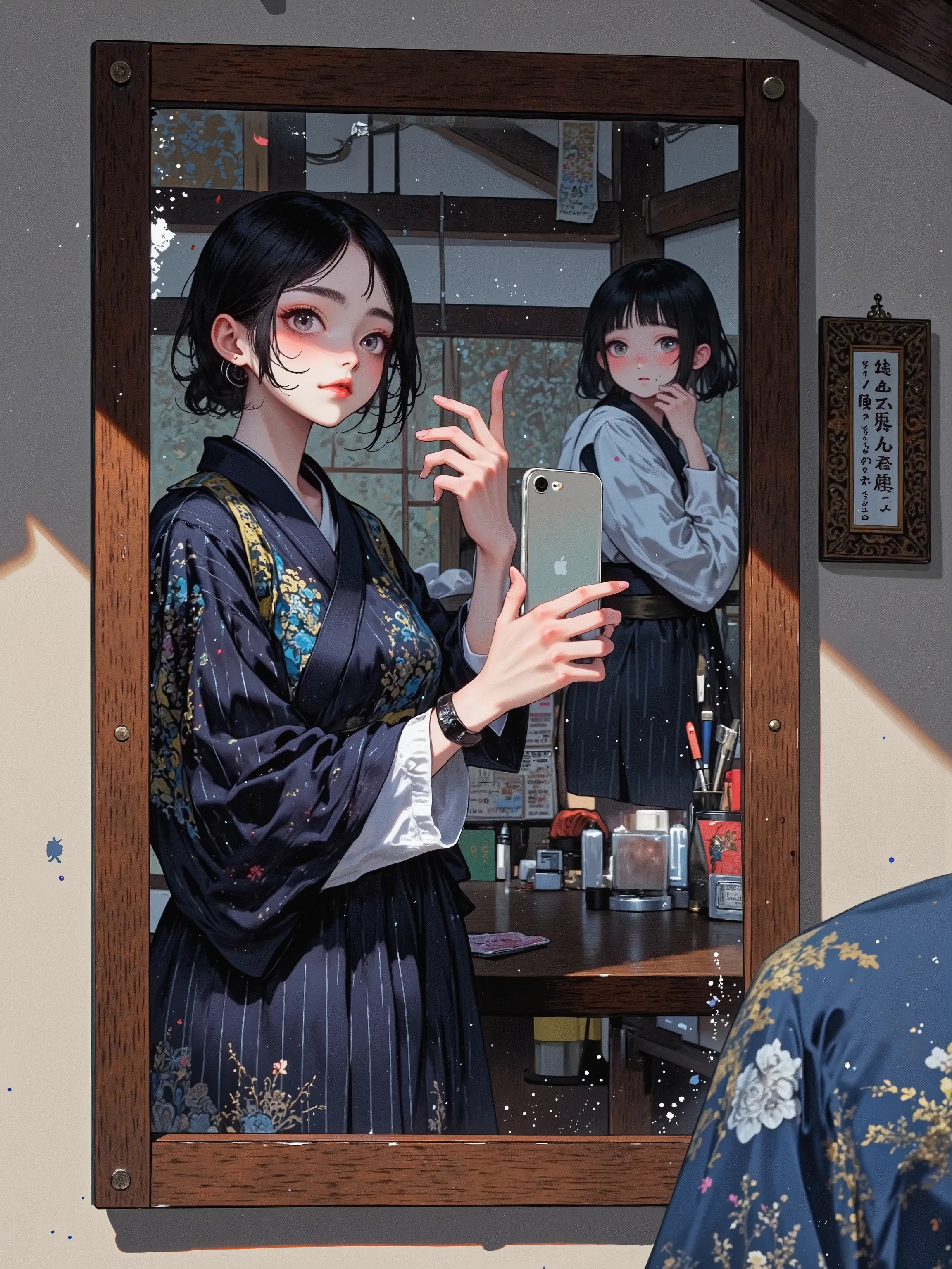 A rectangular wall-mounted mirror in a quiet corner of a traditional Japanese inn reflects a quiet domestic moment. In the mirror, a high school girl with short black hair tied back is seen holding up an iPhone in front of her, casually taking a photo of h...