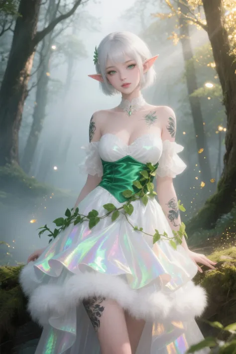 ultra detailed, absolutely resolution, masterpiece, sexy and beautiful elf, short ears, lewd expression, seduction, lewd, slut, silky flowing high layered iridescent white fluffy long hime-cut, perfect great proportions, tattoos, wearing dress of white and emerald green satin with fresh green leaves and ivy tangled in it, background fog, glittering gold dust, sunlight filtering through the trees, in the forest, painterly, (brilliant light and shadow, seamless, contrast, gradation) effects, highly detailed, sharp focus and contrast, extremely clear image, 2.5D, artistic photography, hyper realistic, effects magic, shading effects magic, lighting effects magic, anime style