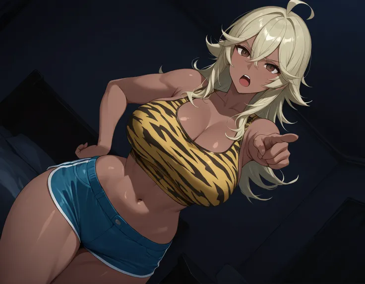 Takeda, {1girl}: (mature female , milf , fit female , athletic body , curvy , thick thighs , average waist , wide hips , large breasts , skin tight , dark-skinned female , dark skin , (light blonde hair:1 . 2 ) , long hair, spiked hair, flipped hair, doubl...