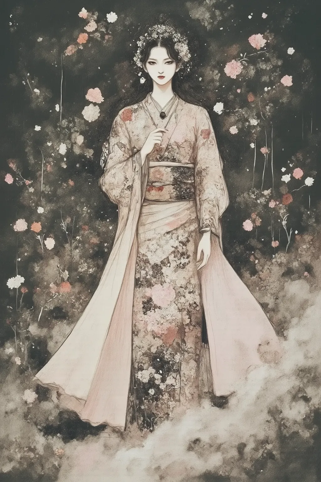 A woman in a kimono is walking in the rain、dark eyes、black hair、full body image、Beautiful flowers and petals all around、monochrome、staring into the distance from the front、High Quality、high definition、Detailed depiction、Mute Color Palette、darker tones、portrait、Photography-style 、Light blur 、dim atmosphere、HDR、4K Details