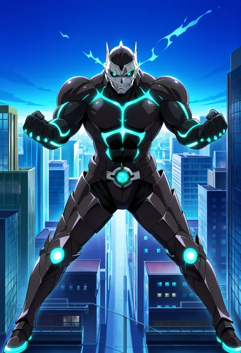 source_anime, kafkakaiju, solo, muscular male, glowing, glowing eyes, armor, aqua eyes, black sclera, black body, anime, official art, hands hidden, (macro in miniscule city), teasing pose, full body