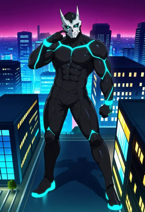 kafkakaiju, solo, bara male, glowing, glowing eyes, aqua eyes, black sclera, black body, anime, sassy pose, (macro in miniscule city), teasing, full body
