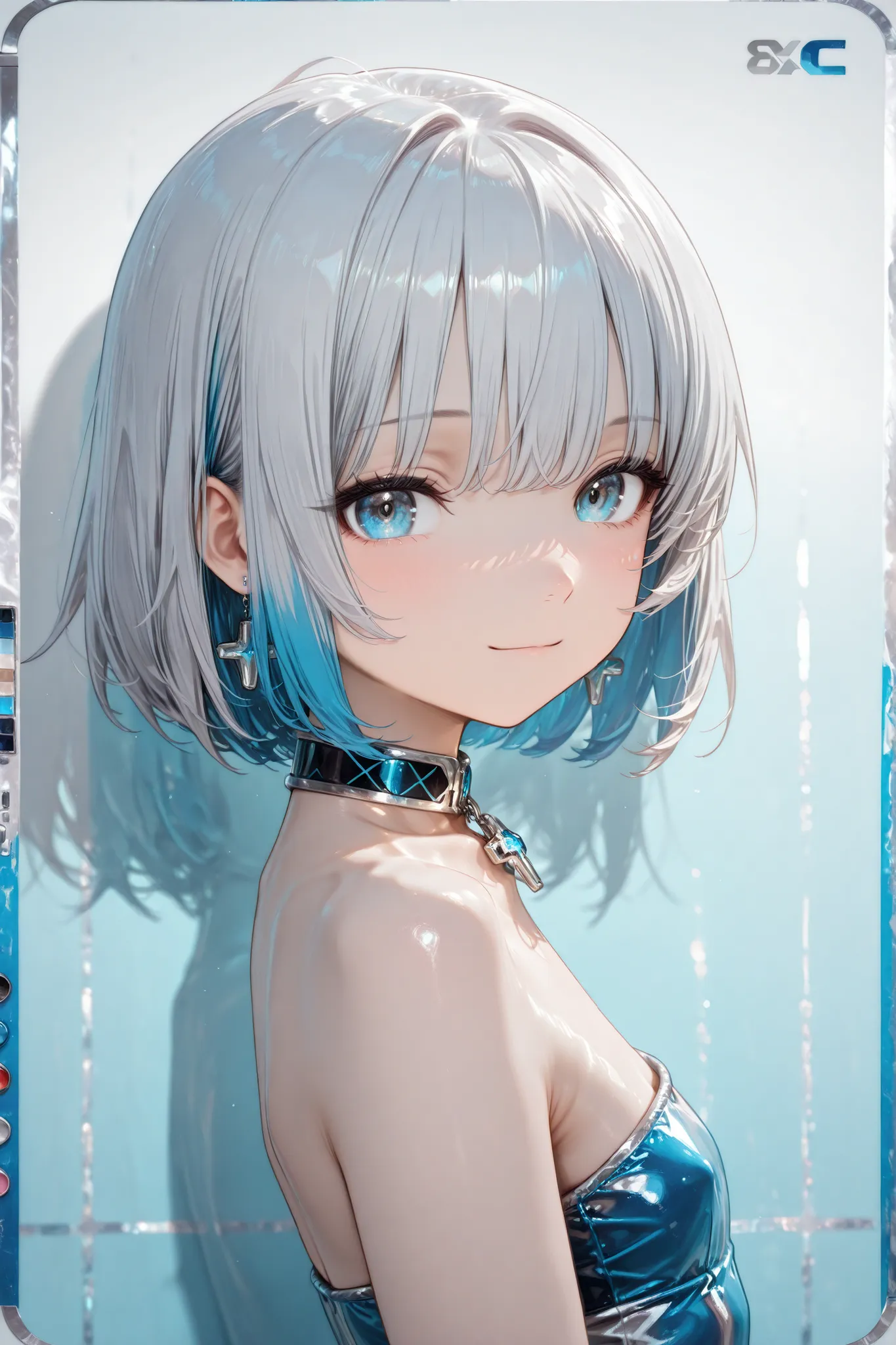 ((masterpiece、Highest Quality:1.5、high chroma:1.5、ultra details、high resolution illustration:1.5、Ultra-high-definition CG、8k size wallpaper、Official Art))、Looking Back(1 girl),(a light smile
:1.5)、( bright face:1.3),
(Silver only color scheme:1.5), ( blue ...