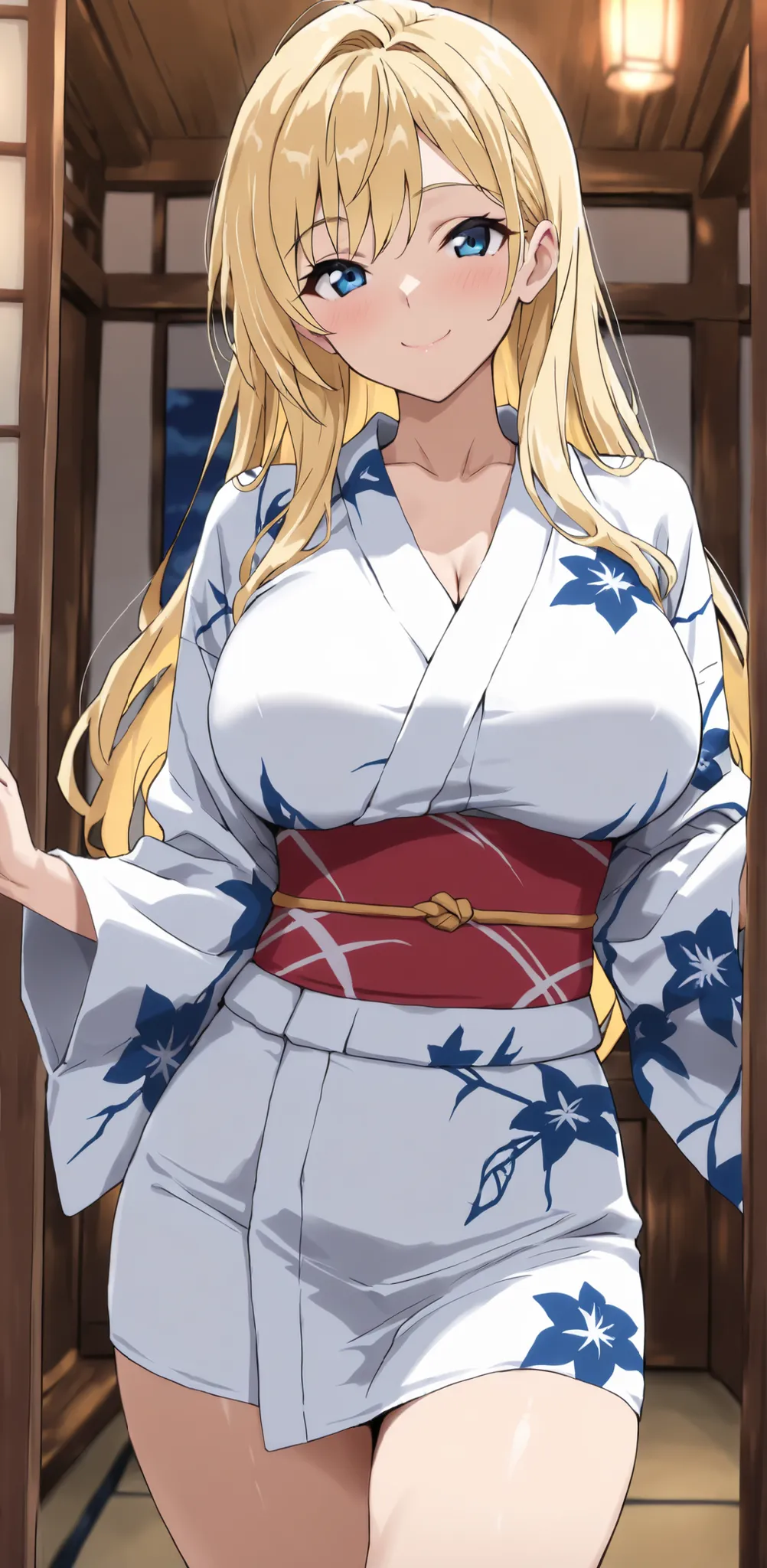 masterpiece,high definition,Highest Quality,8k，((best quality)), (masterpiece)), (details: 1.4), high definition, (masterpiece: 1.4), 超details, 1 beautiful girl,American girl,blue eyes,Yellow hair,yukata,Big Breasts,Thighs,smile、happy face,hostel、interior