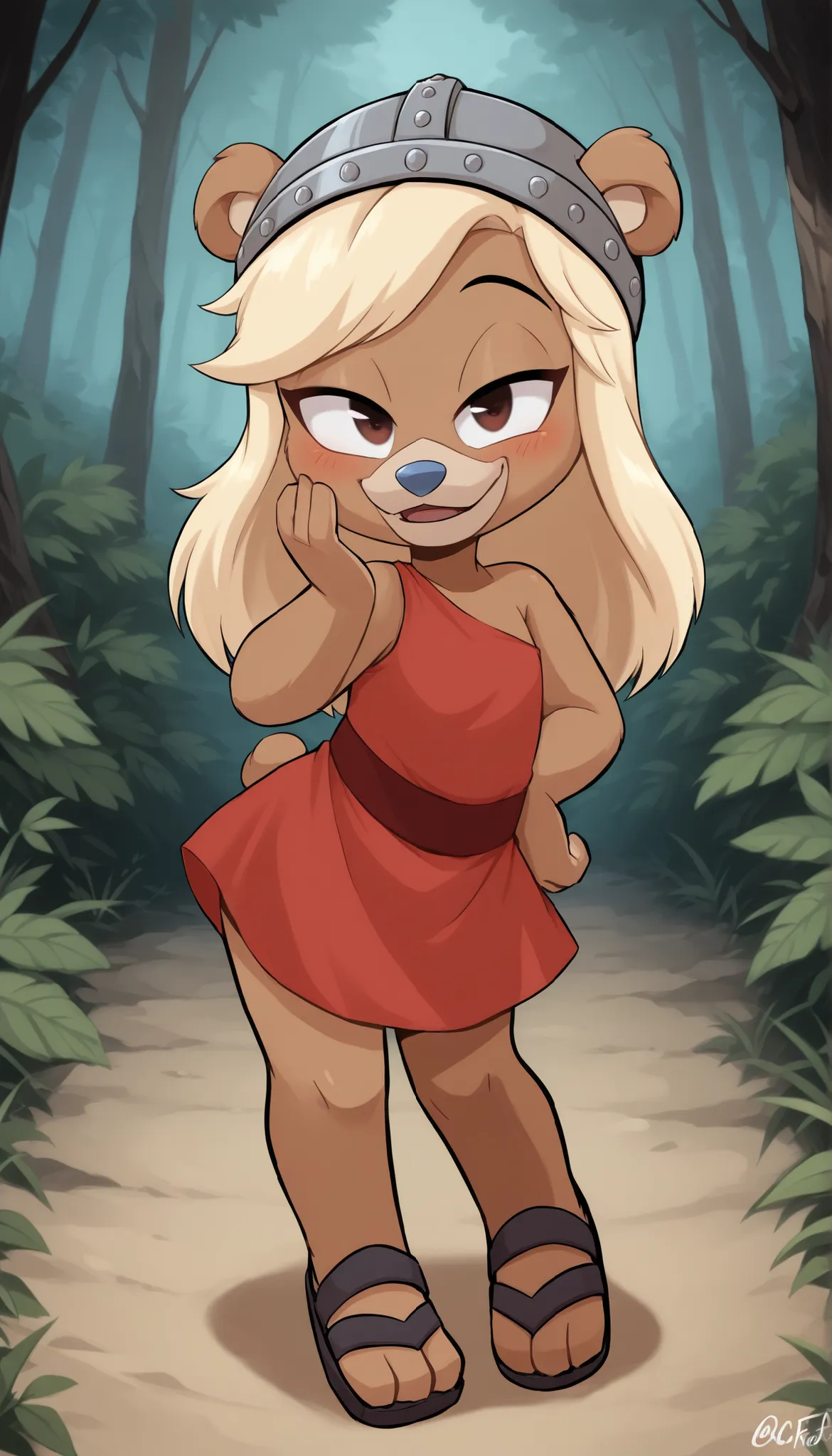 score_9, score_8_up, score_7_up, (masterpiece, best quality, very aesthetic, absurdres, source furry, artist:sakura, shaded,) 1girl, bear, furry female, Ursa Barbic, young, brown eyes, looking at viewer, smile, blush, blonde hair, messy bangs, long hair, b...
